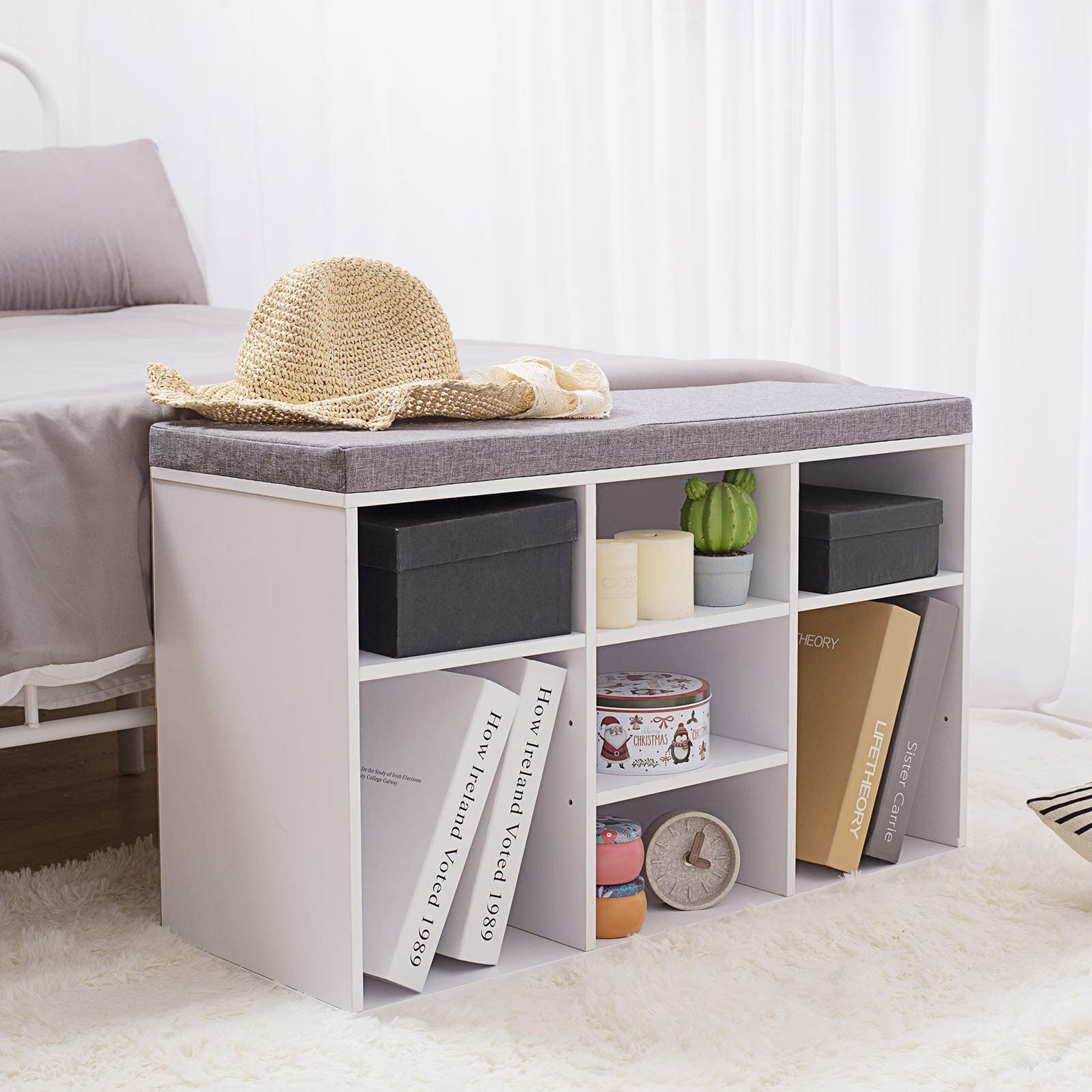 DINZI LVJ Shoe Storage Bench with Cushion, Cubby Shoe Rack with 9