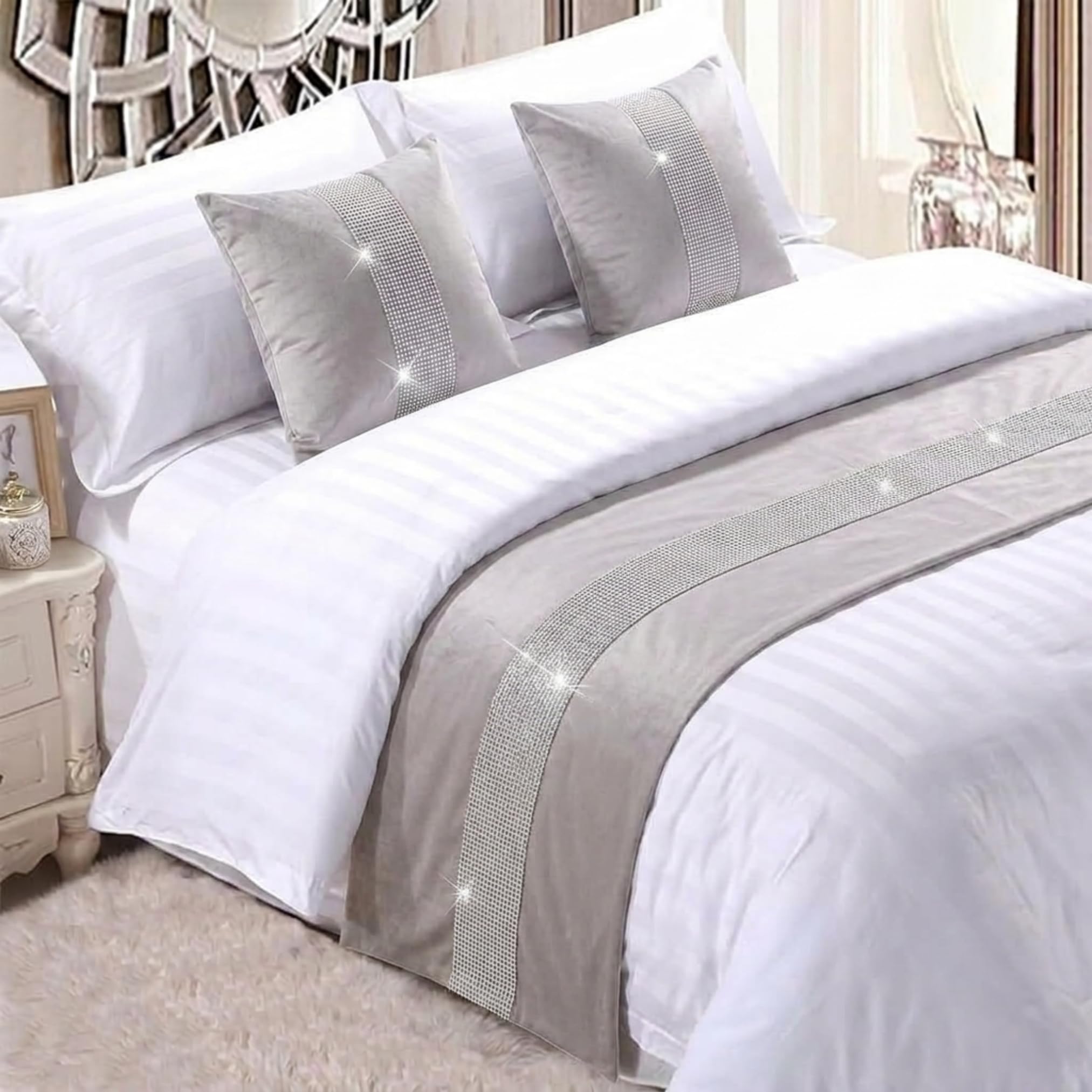Makooz Diamante Sparkle Quilted Velvet Bed Runner King Size for 1.5m Bed 1pc - Matching Cushion Cover Sold Separately - Hotel Grade Soft Scarf for Bedroom & Guesthouse Bedding - 63x265cm Silver Grey
