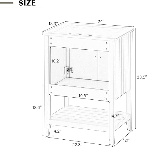 Miniatura 7 de Armario de tocador de baño de 24 pulgadas con parte superior de fregadero de cerámica, estante de almacenamiento abierto, puertas de cierre suave,