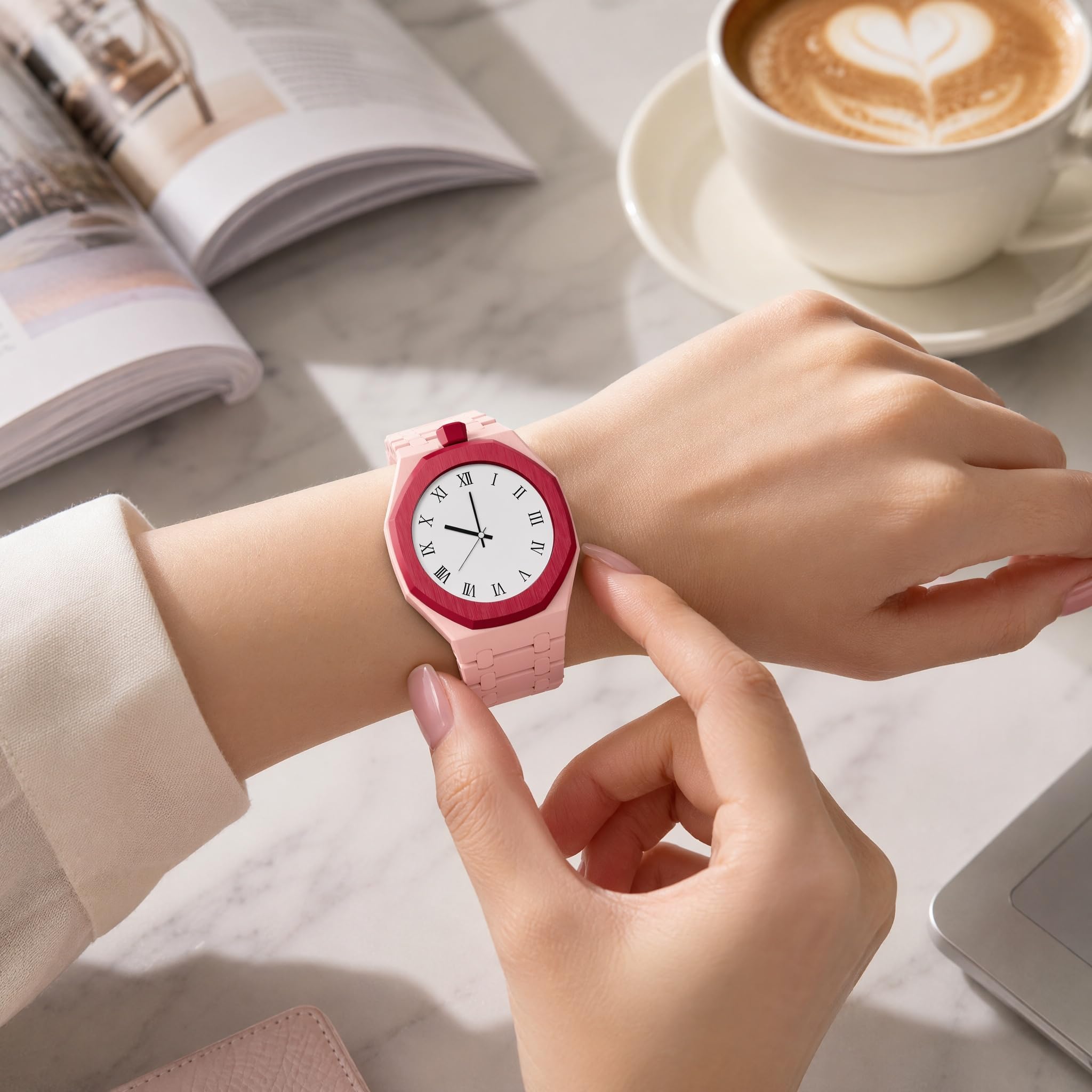 HTU Set di cinturini con cassa in ceramica, passa al di braccialetti in biomateriali per orologi da uomo e da donna, accessori di ricambio per il tuo orologio-Rosa