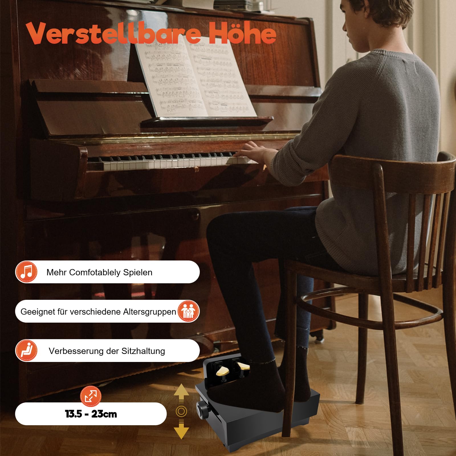 Extensión de pedal para piano, altura ajustable, efecto de pedal, banco con 3 pedales para piano vertical, piano electrónico, alas negras