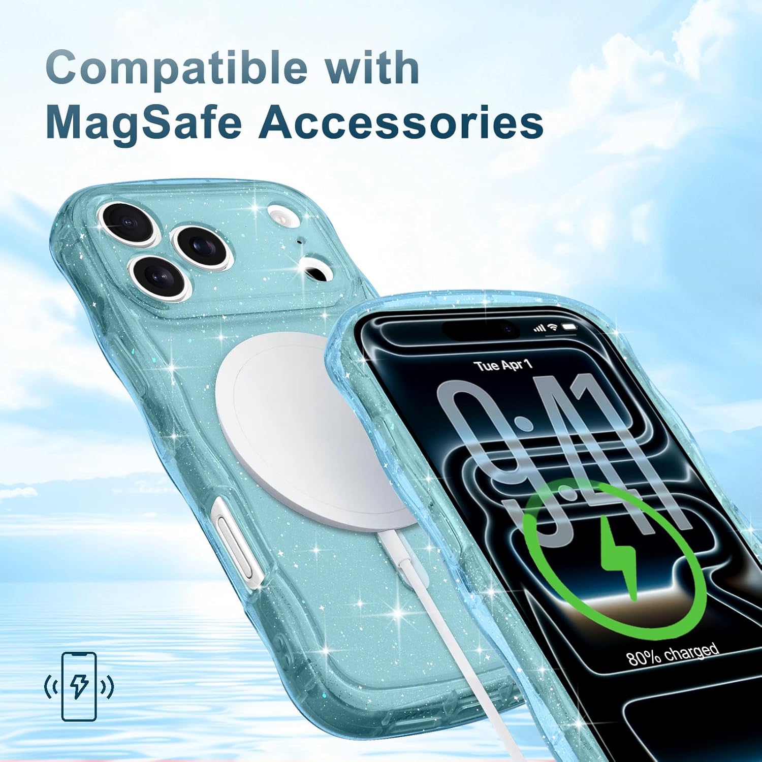 Magnetic for iPhone 17 Pro Max Case Clear, Sparkly Bling Glitter Cute Curly Wave Cover for Women Men Compatible with MagSafe TPU Shockproof Protective Phone Case for iPhone 17 Pro Max, Blue - Image 6