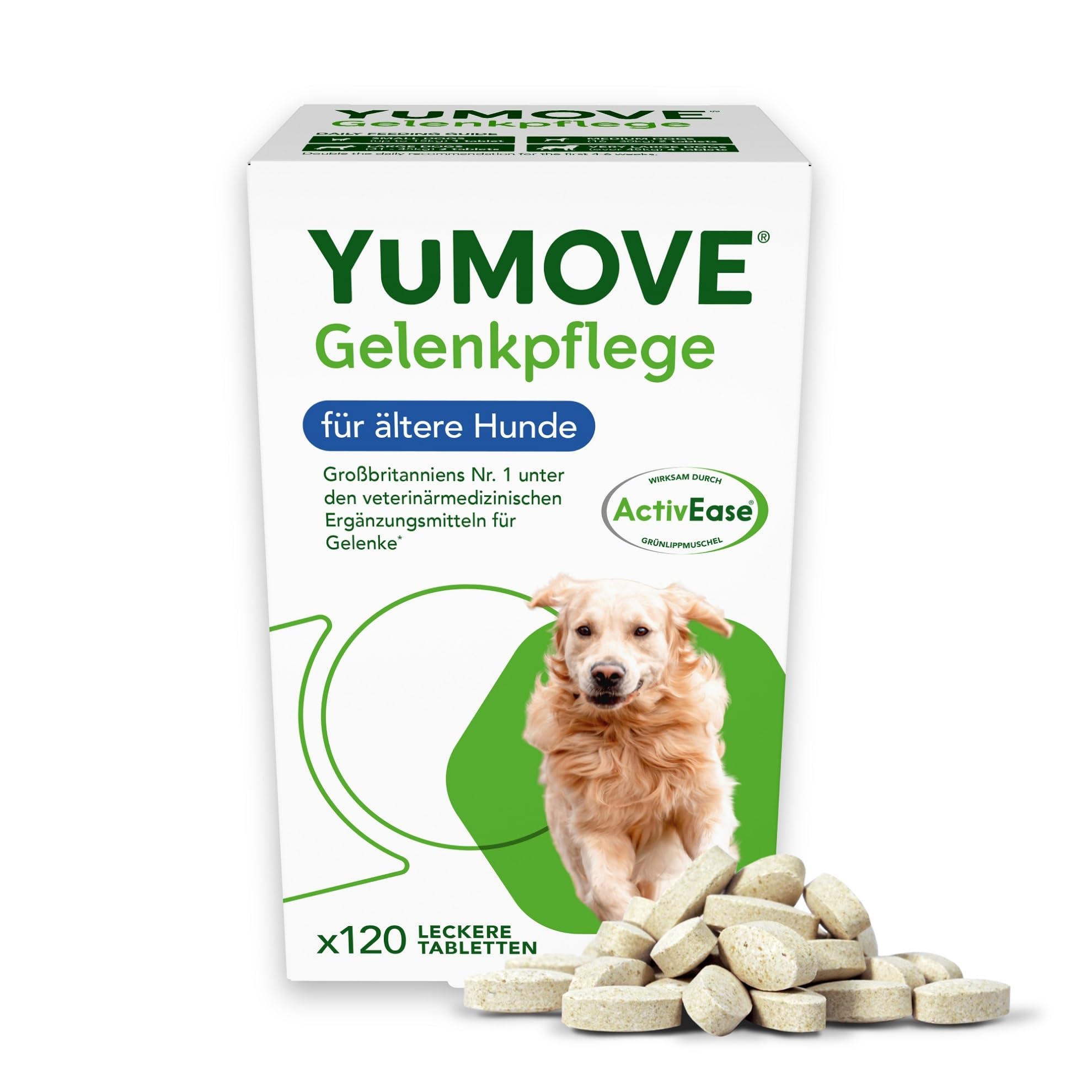 YuMOVE Gelenktabletten Hund 120 Tabletten - Gelenke & Beweglichkeit Altere Hunde 8+ Jahre - 170mg Jede Tablette Patent Angemeldet ActivEase Grünlippmuschel Hund - Mit Glucosamin, Chondoitin & Omega-3
