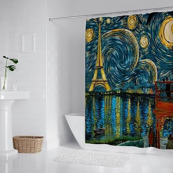 Eiffel Tower Shower Curtain Set Paris Tower Bathroom Curtain Romantic Decor Fabric Bath Curtain Set with Hooks 71X71 Inches (Blue)