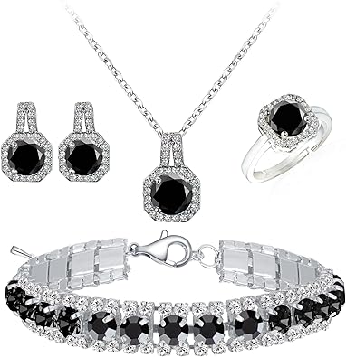 Paxuan 4pcs Cubic Zirconia Wedding Jewelry Sets for Bride Bridesmaid Cubic Zirconia Pendant Necklace Earrings Link Tennis Bracelet Open Ring Set for Women