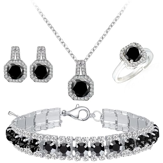 Paxuan 4pcs Cubic Zirconia Wedding Jewelry Sets for Bride Bridesmaid Cubic Zirconia Pendant Necklace Earrings Link Tennis Bracelet Open Ring Set for Women