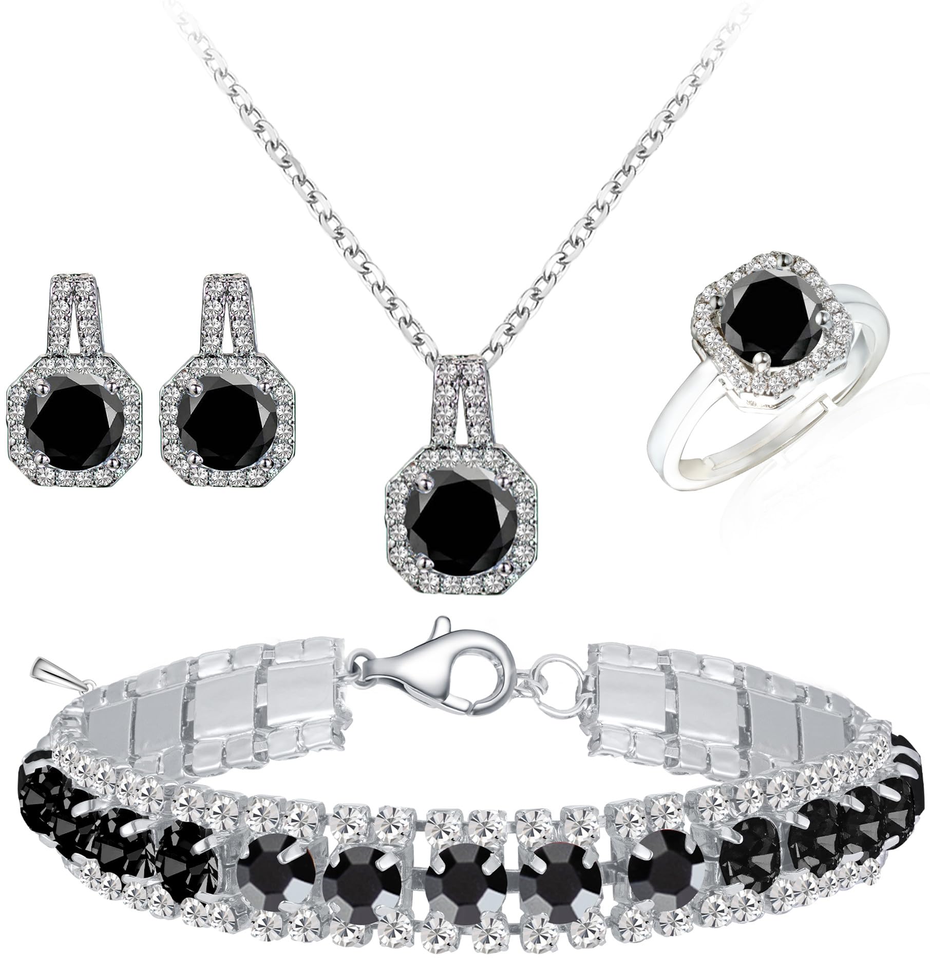 Paxuan 4pcs Cubic Zirconia Wedding Jewelry Sets for Bride Bridesmaid Cubic Zirconia Pendant Necklace Earrings Link Tennis Bracelet Open Ring Set for Women