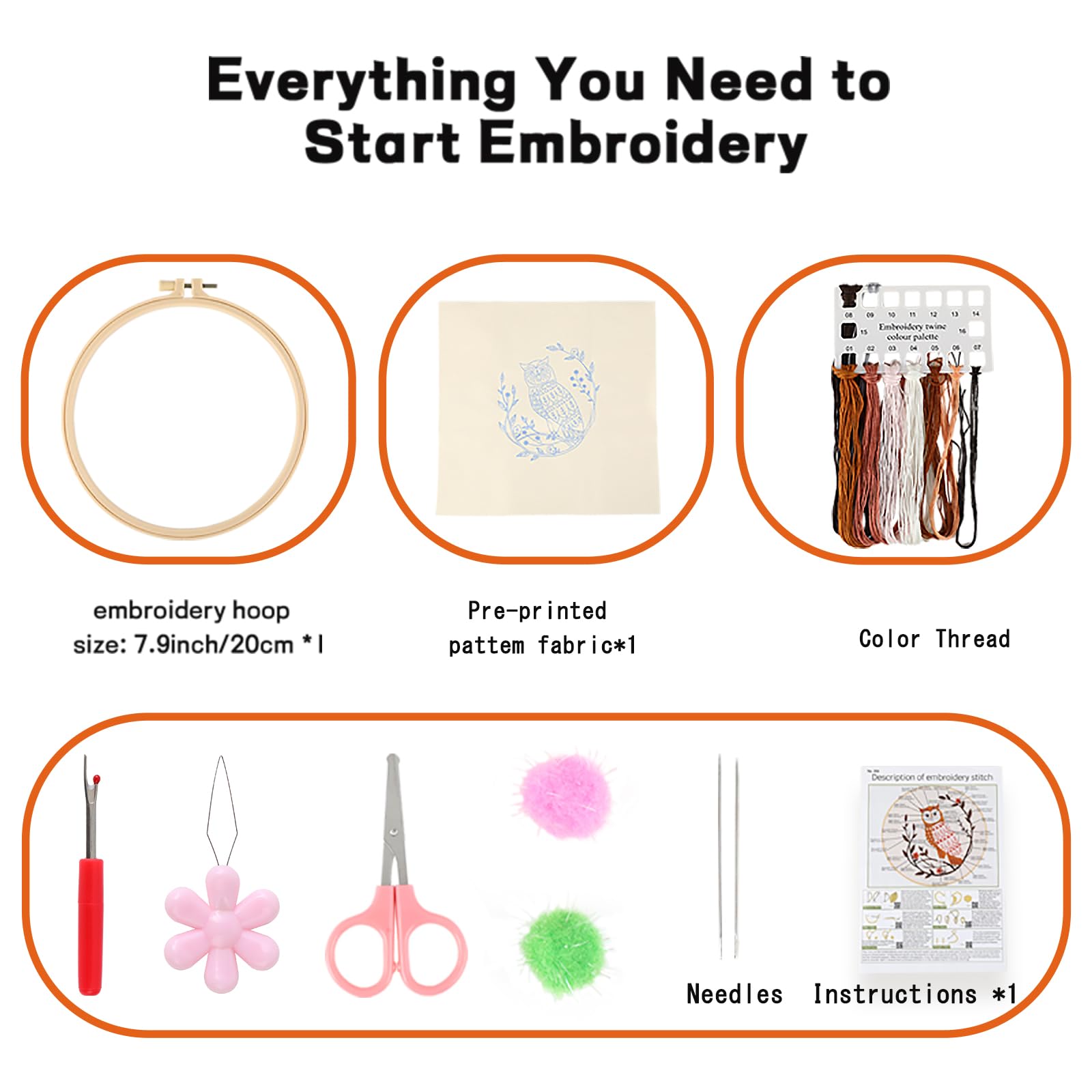 JOINRUN Kit de inicio de bordado para principiantes y adultos: kit de punto de cruz de búho para amantes de las manualidades, aprender a coser a mano, incluye patrón estampado, aro, instrucciones