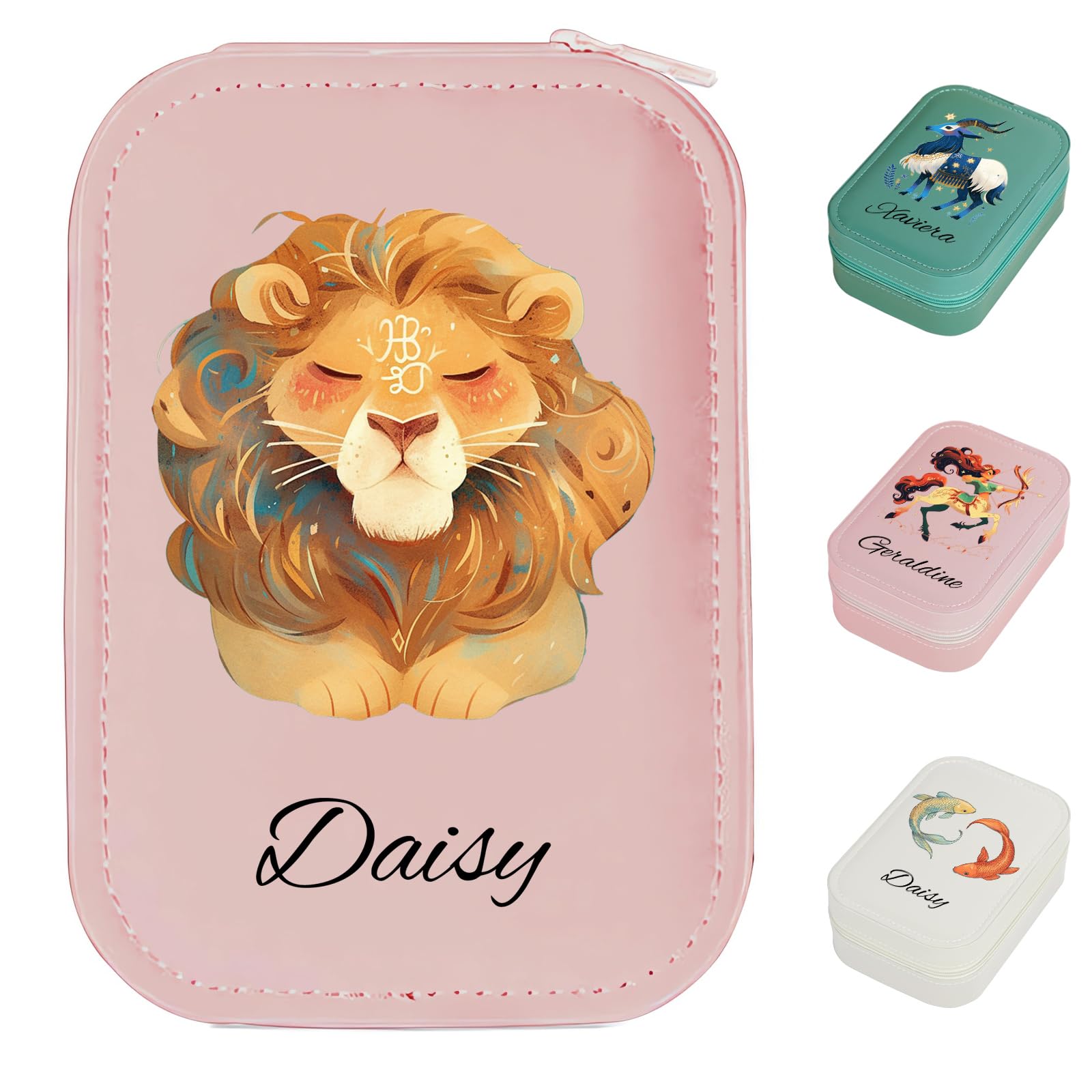 MAYCARI Custom Travel Portable LED Makeup Mirror Case Cartoon Zodiac Leather Personalized Name Makeup Organizer DIY Jewelry Organizer Case for Women