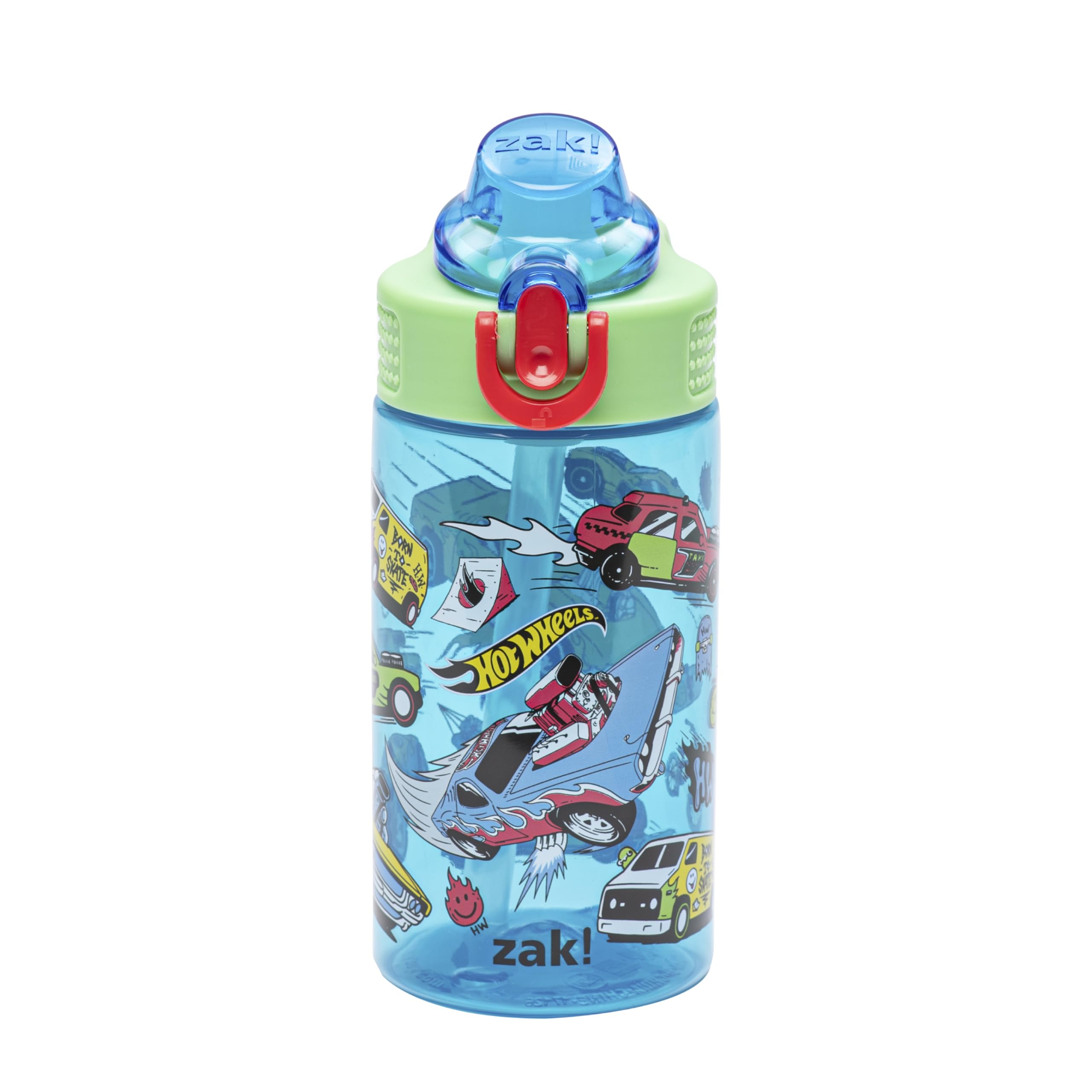 Zak Designs Mattel Hot Wheels Sage Kids Water Bottle For School or Travel, 16oz Durable Plastic Water Bottle With Straw, Handle, and Leak-Proof,