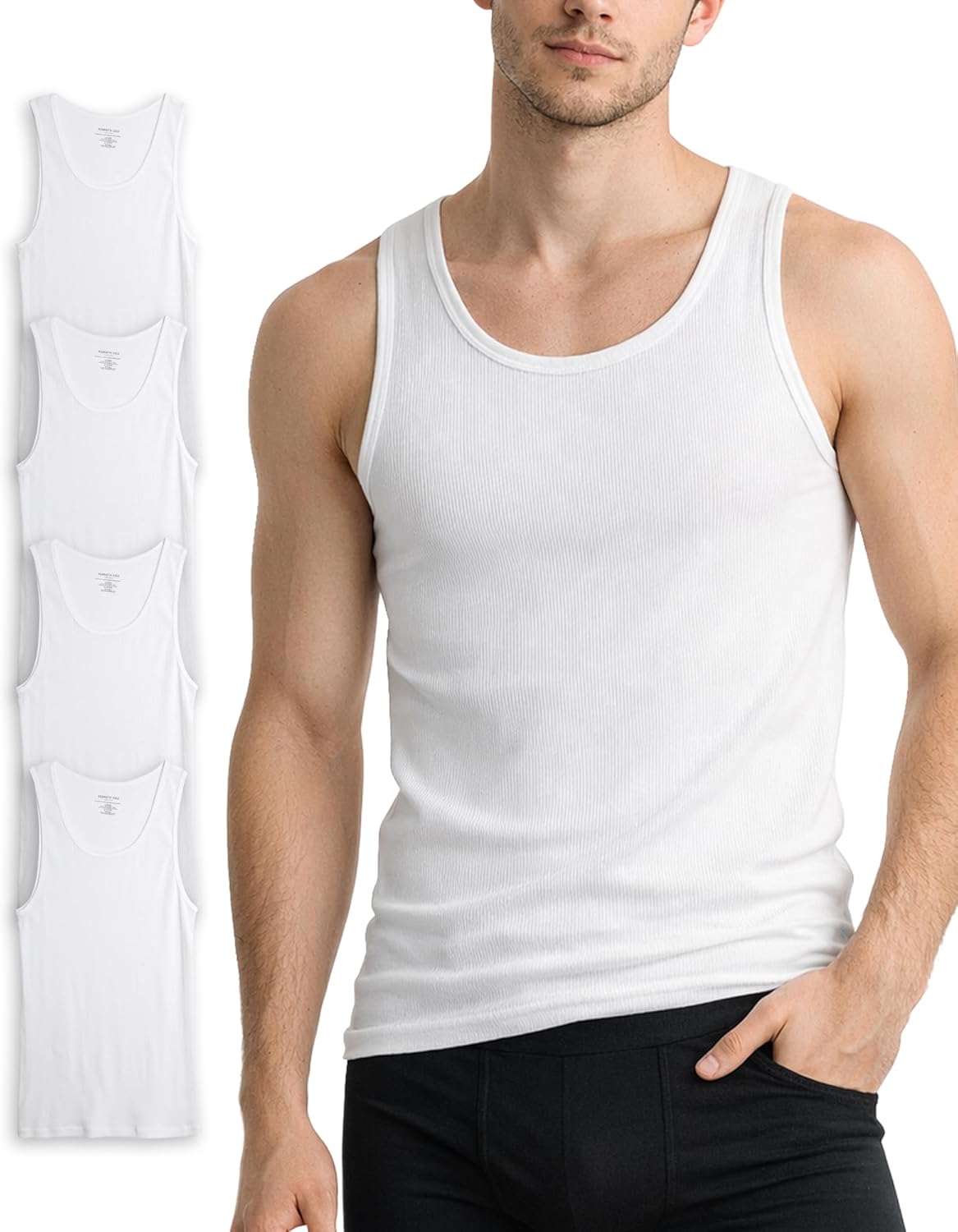 Kenneth Cole Mens Tank Top - 4 Pack Soft Cotton Tagless Ribbed Tank Top for Men - Sleeveless Undershirts for Men