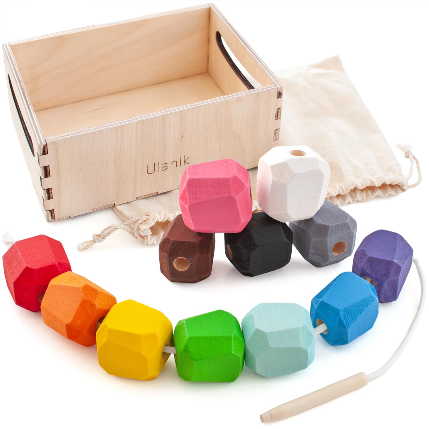 Ulanik Threading Stones Toddler Montessori Toys for 3+ Year Olds Wooden String Lacing Beads Game for Learning Colour & Counting — 12 Balancing Stacking Stones
