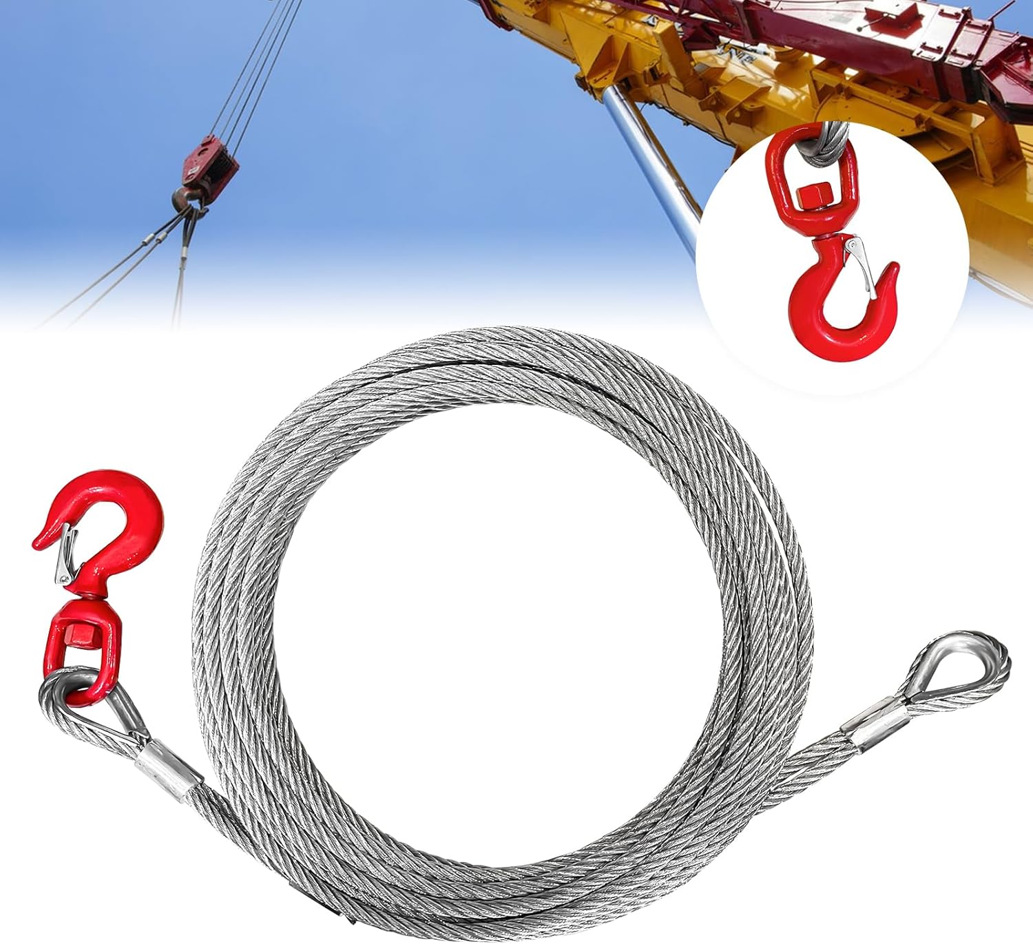 Galvanized Steel Winch Cable, 3/8" Towing Cable Heavy Duty, 13980LBS Breaking Strength, with Swivel Hook 2T and 2 Aluminum Rings, 6x19 Strand Core Steel Cable for Crane Tow Truck (50 FT) Max Capacity:13980LBS