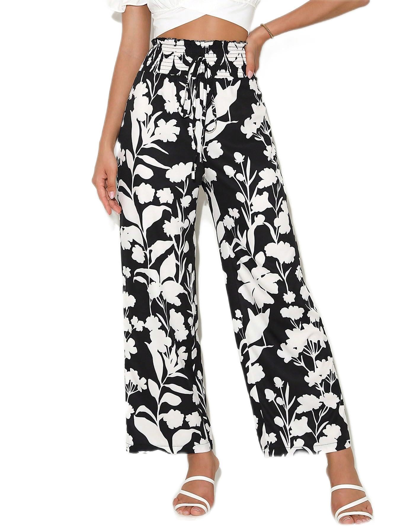 CLAIGH Pants for Women Floral Print Knot Front Wide Leg Pants