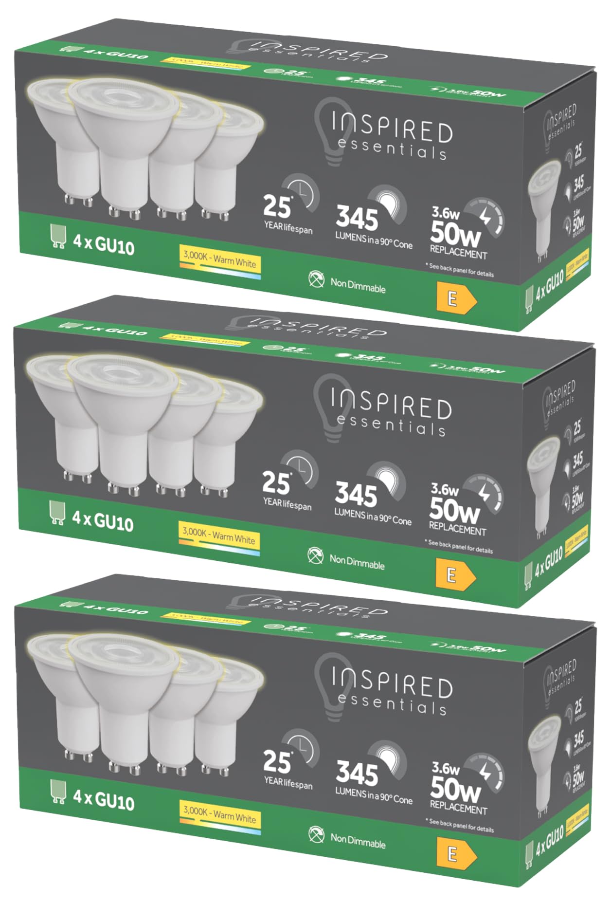 Inspired Essentials LED GU10 Spotlight Bulb 3.6W (50W Replacement) - Pack of 4 LED Bulbs (12, Warm White)