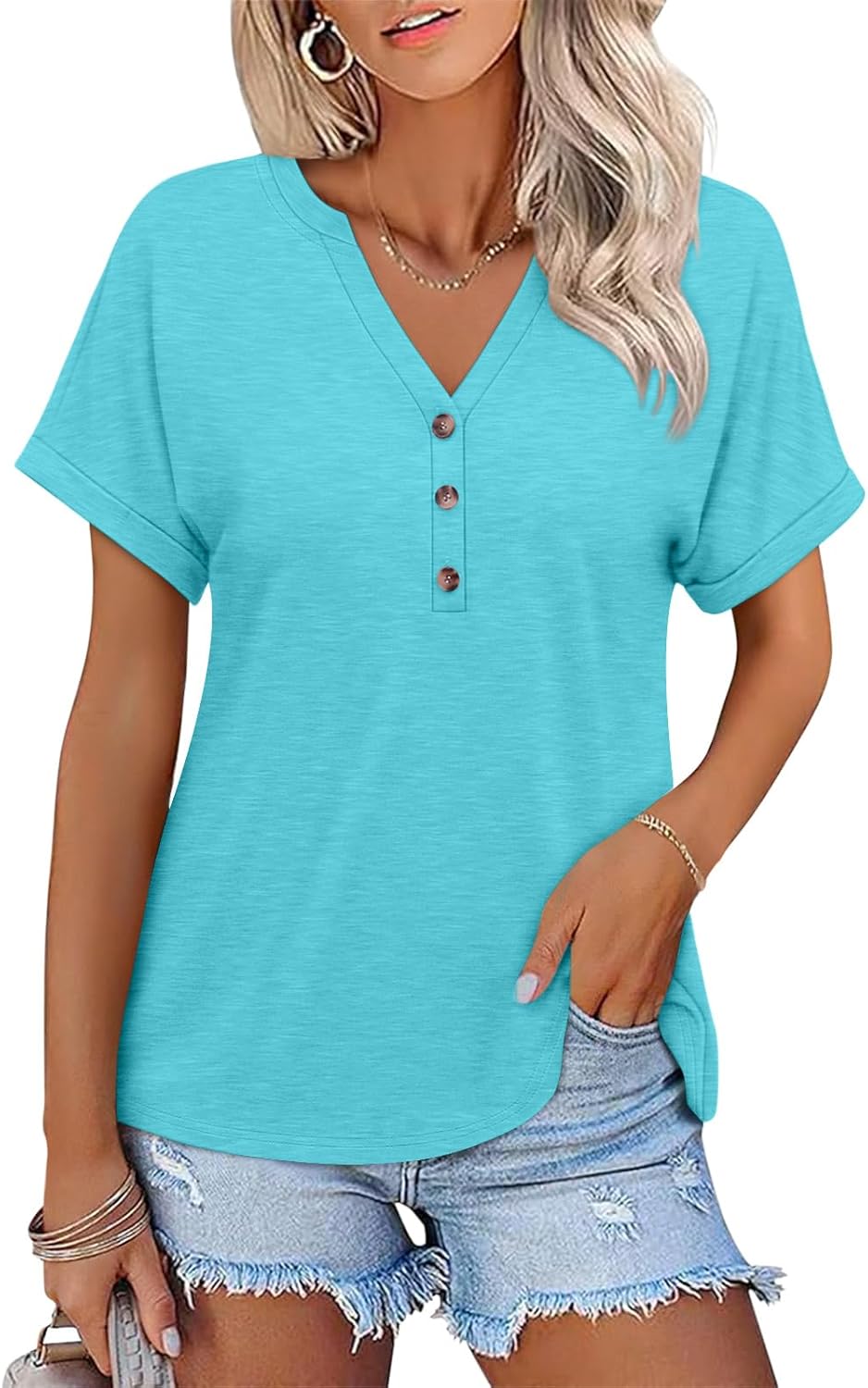 Womens Short Sleeve Shirts V Neck Summer Tops Casual T Shirts Basic Buttons Tees Loose
