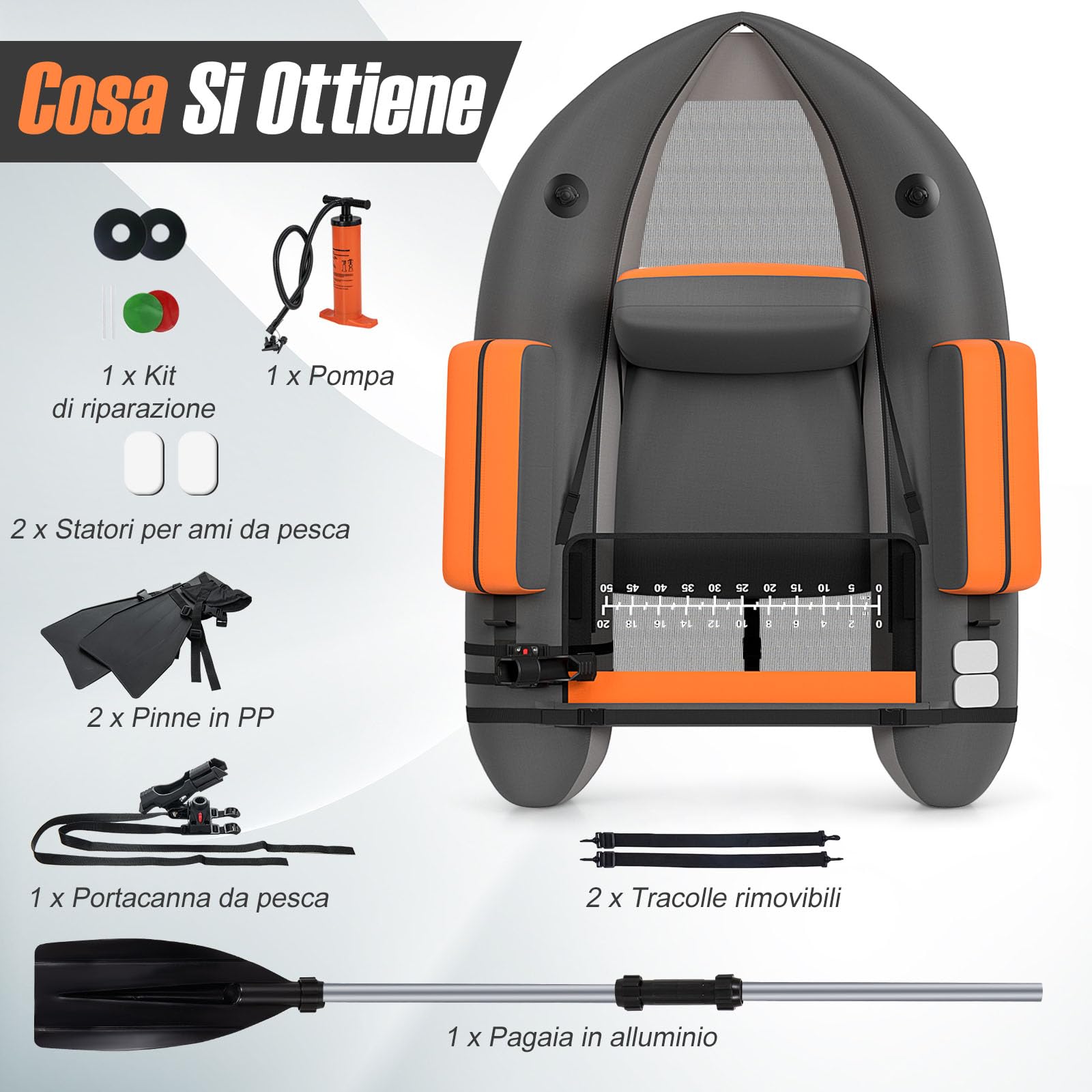 GYMAX GYMA Gommone da Pesca Gonfiabile, Barca da Pesca Portatile a Mosca con Cinghie Regolabili, Portata 160 kg, Pompa, Righello per Pesci, Tasche Portaoggetti, Pagaia, Supporto