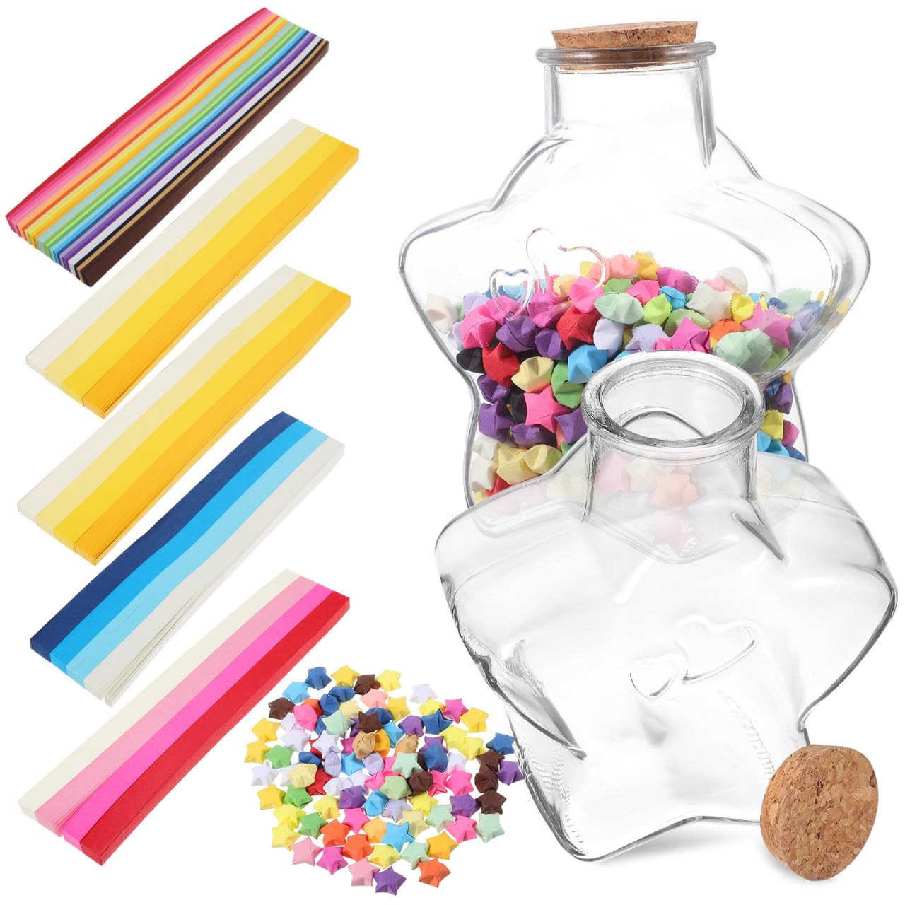 TEHAUX Origami Stern Papierstreifen Satz mit Farbigem Doppelseitigem Papier und Kleinen Glasfläschchen mit Korkdeckeln für Kreative Bastelideen und Geschenke zum Zufällige Farbe