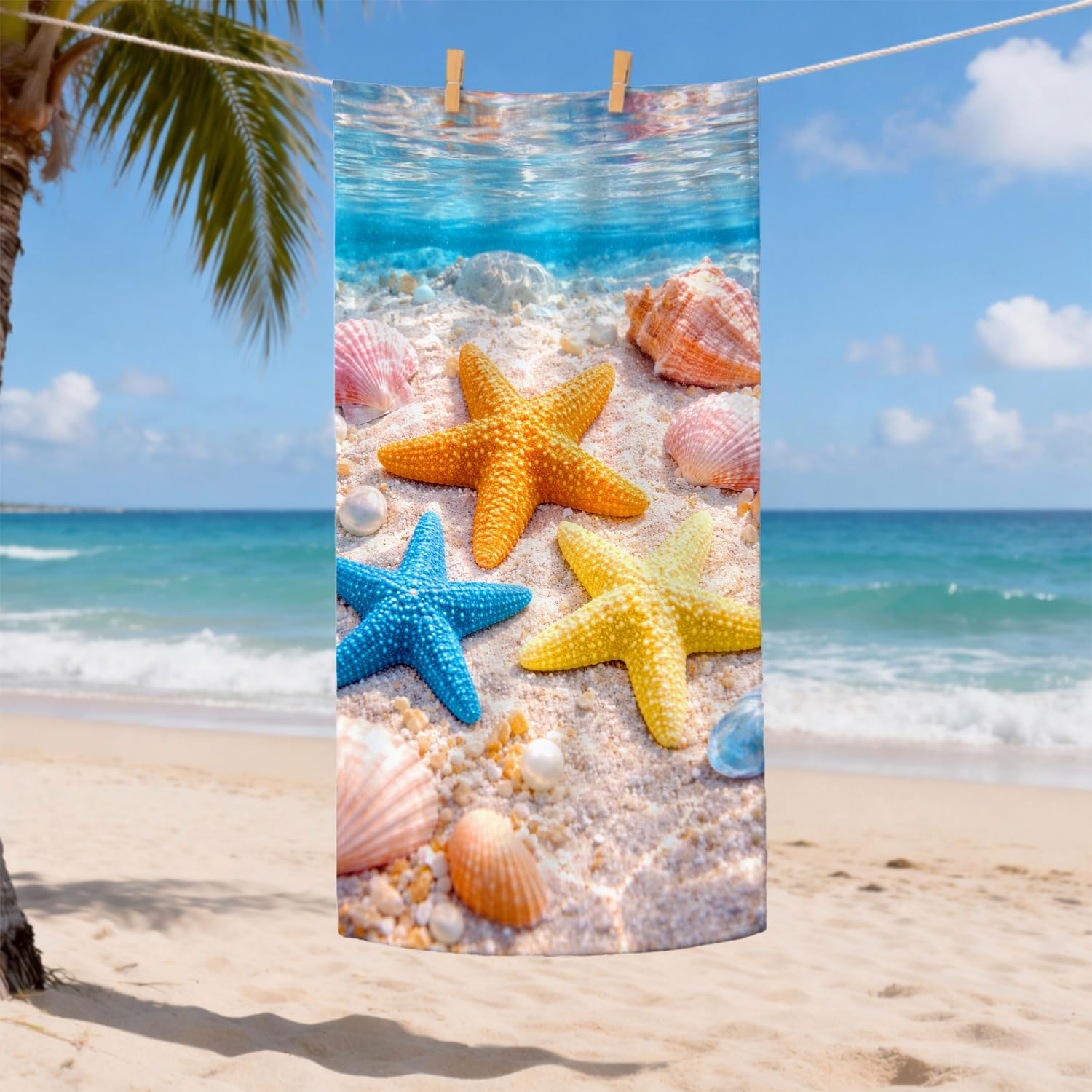 Colorful Starfish Microfiber Beach Towel Ocean Shells Quick Dry Absorbent Soft Sand Free Lightweight Beach Blanket, Summer Vacation Picnic Pool Outdoor Travel Essentials 35x70 Inch