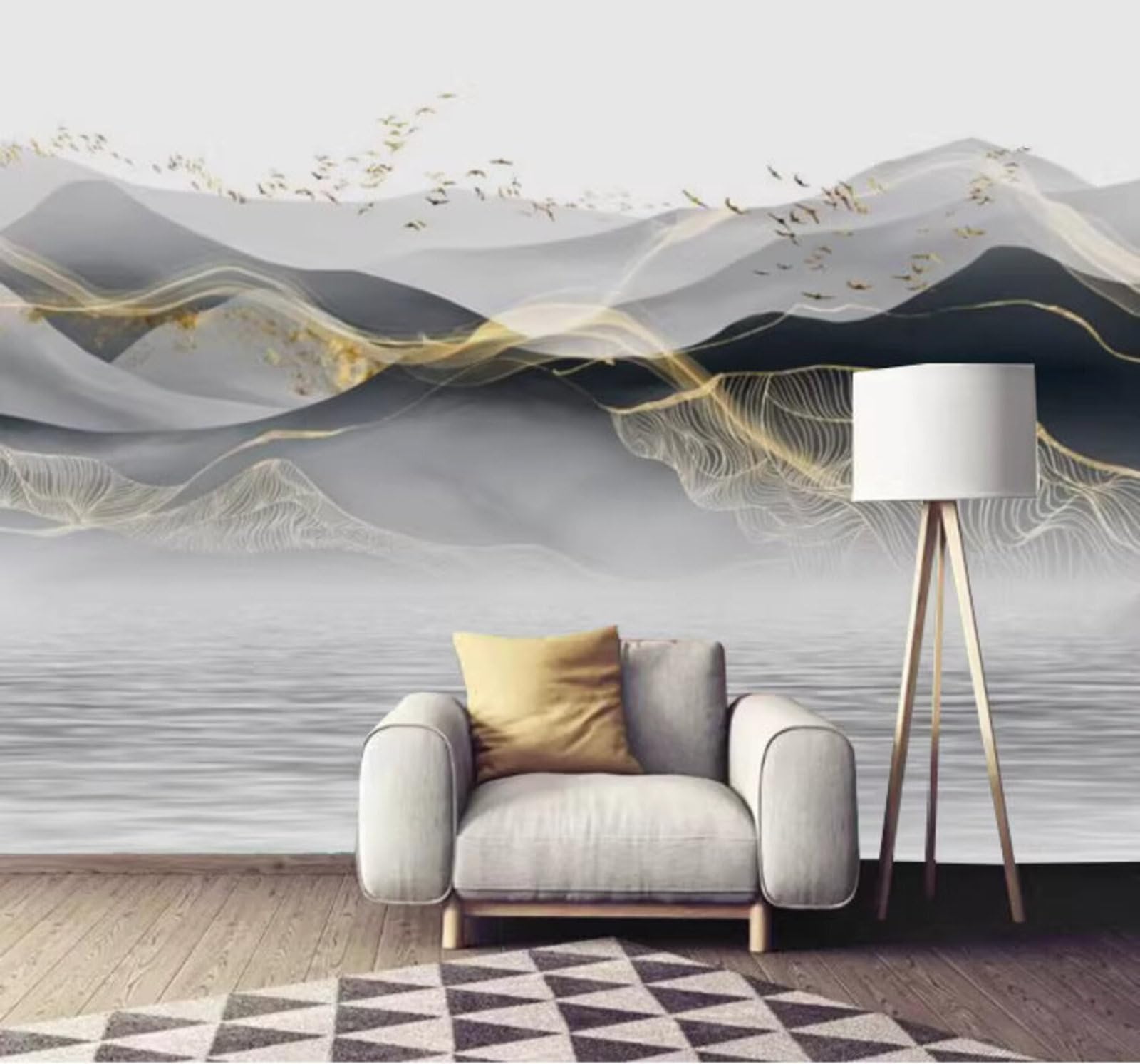 Wallpaper-3D-Xlm 300Cm×210Cm(B×H) Abstract Gold Lines Landscapes Birds 3D Wallpaper Easy Install Feature Office Living Room Sofa Bedroom Tv Background Wall Decoration-300Cm×210Cm