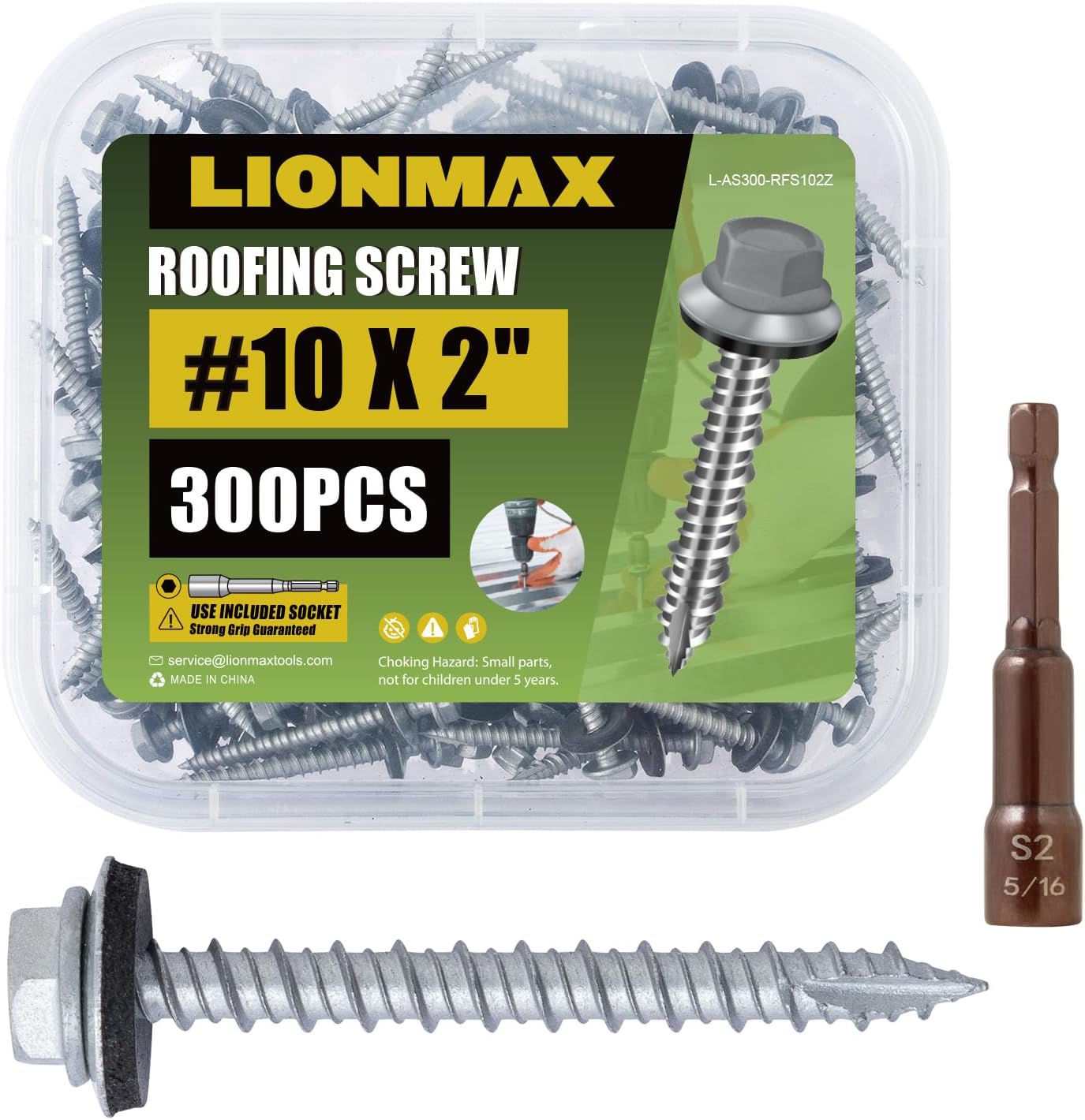 LIONMAX Metal Roofing Screws #10 × 2 Inch, 300-PCS, Rustproof Coating Hex Head Sheet Metal to Wood Siding Screw with Rubber Washer, Sharp Point, Hex Socket Included