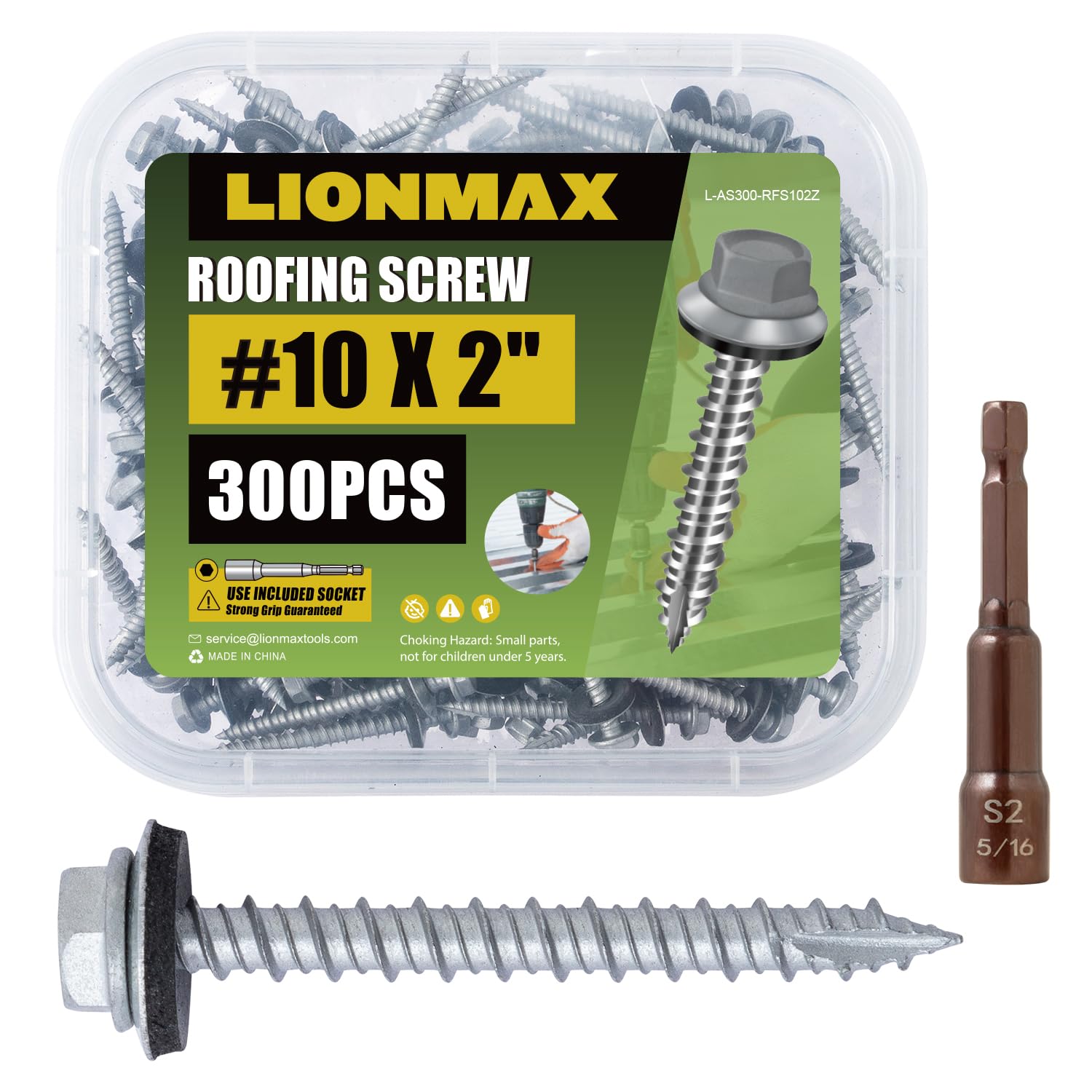 LIONMAX Metal Roofing Screws #10 × 2 Inch, 300-PCS, Rustproof Coating Hex Head Sheet Metal to Wood Siding Screw with Rubber Washer, Sharp Point, Hex Socket Included