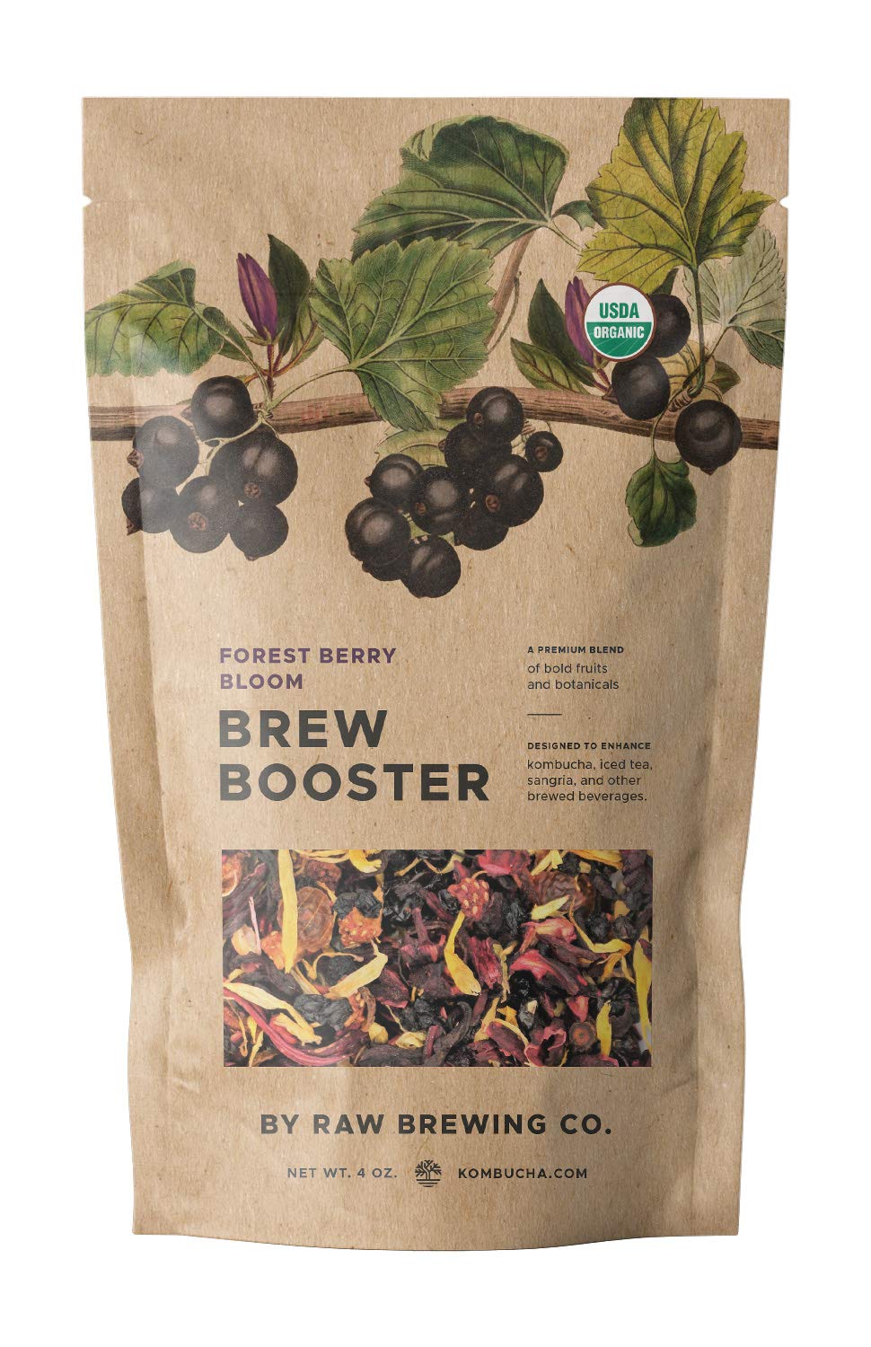 Kombucha.com Forest Berry Bloom BREW BOOSTER - Super Premium CERTIFIED ORGANIC Elderberry, Currant, Blueberry Blend w/ Hibiscus for Creating Store Quality Kombucha, Flavored Iced Tea, Sangria, and More - All Natural, Loose Leaf, Caffeine Free, No Artificial Flavors, Immunity Boosting (4 Ounce. Makes 4 Gallons.)