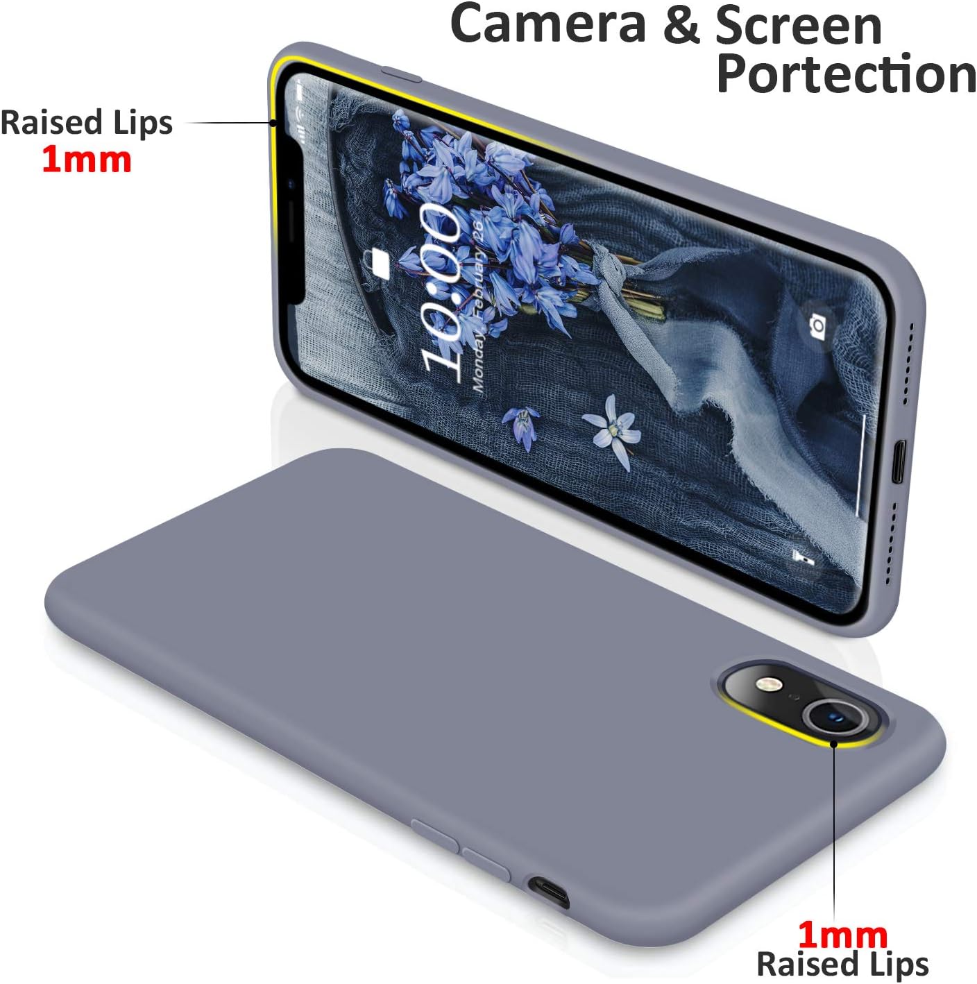 SURPHY Silicone Case Compatible with iPhone XR Case, Slim Liquid Silicone Protective Phone Case Cover (Full Body Thin Case with Microfiber Lining) Compatible with iPhone XR 6.1", Lavender Gray