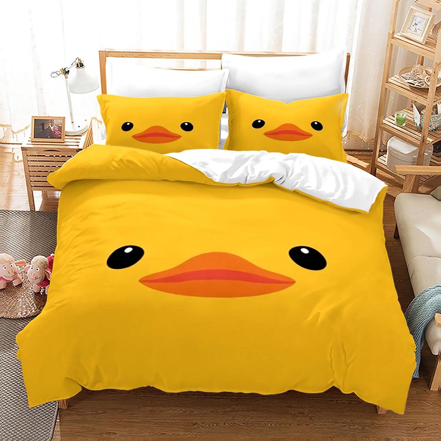 Wzzfcai Cartoon Duck Single Duvet Cover 135x200cm + 2 Pillowcase, Lovely Duck Animal Yellow Bedding Set for Kids Adults Set Soft with Zipper Boys Girls 3 Piece duck gifts