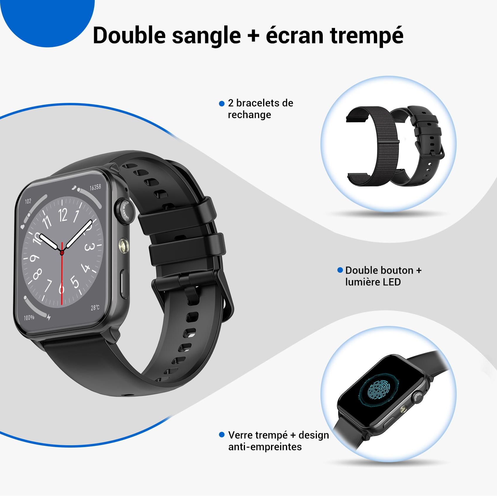 Montre Connectée Homme Femme avec Appels Bluetooth, Écran 1,91″ HD, Fréquence Cardiaque & SpO₂, 120+ Modes Sportifs, Suivi Sommeil & Podomètre, Étanche IP68, Lampe Torche, 2 Bracelets, Android & iOS
