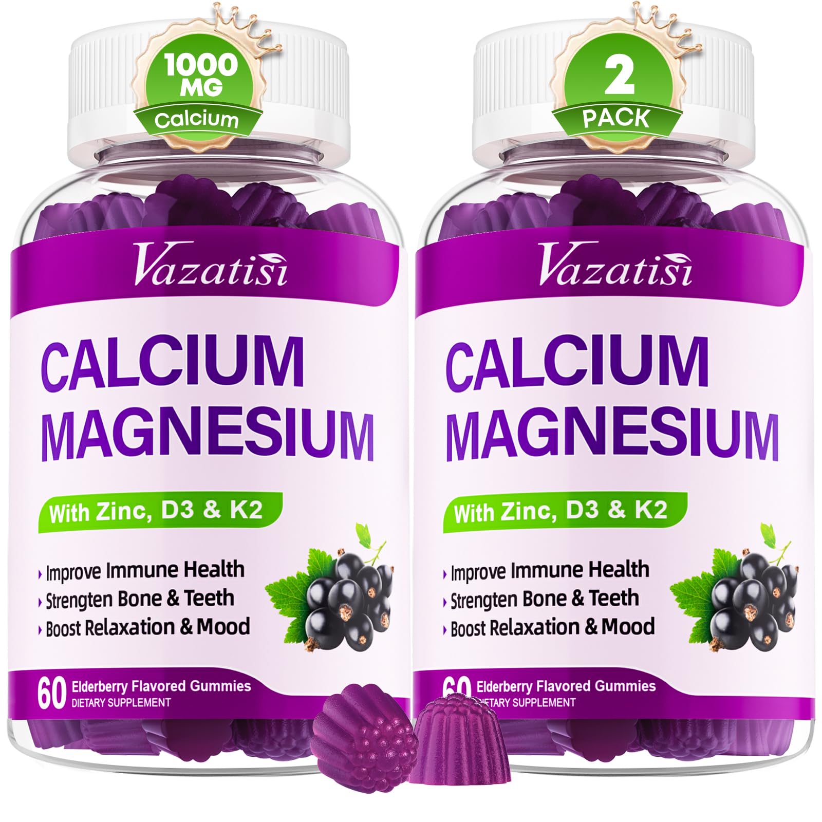 Calcium Magnesium Zinc Gummies with Vitamin D3 and K2, High Absorption Magnesium Glycinate Potassium for Immune and Muscles, Vegan Elderberry Flavor 120 Gummies Sweet Elderberry 60 Count (Pack of 2)