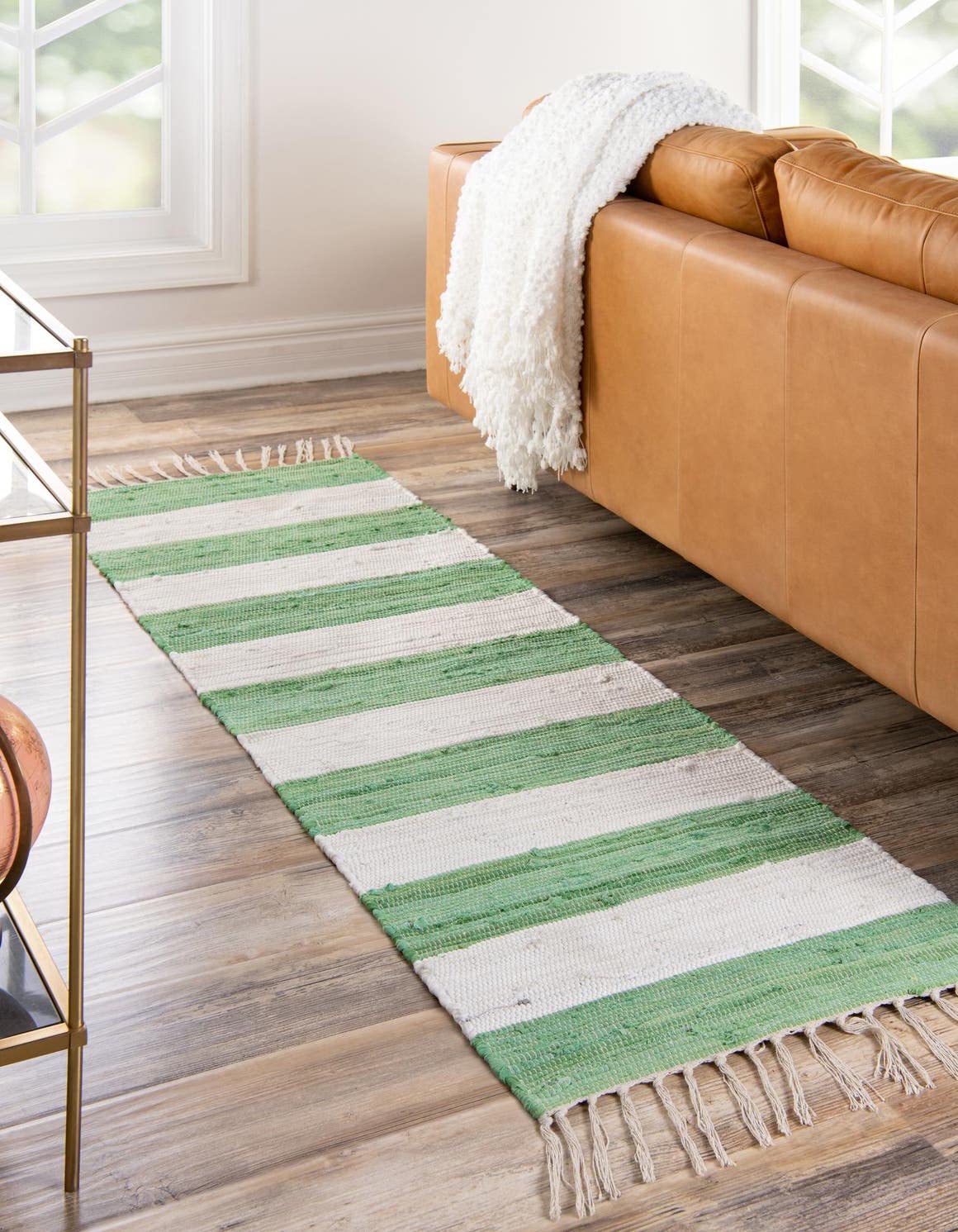 Unique Loom Chindi Rag Collection Area Rug - Striped (2' 2" x 6' 1" Runner, Green and Ivory)