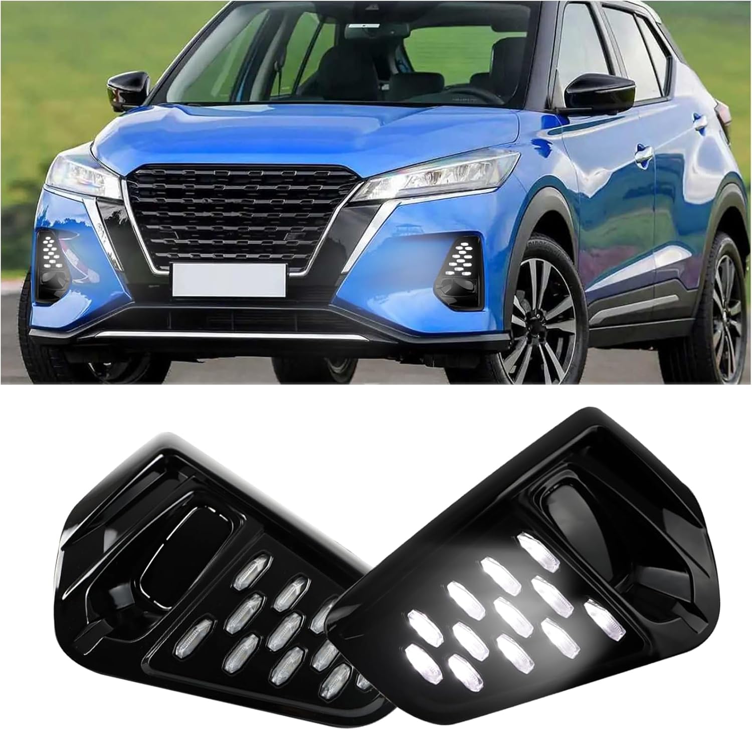 Switchback White/Amber/Blue LED DRL Front Fog Daytime Running Light Sequential Turn Signal Feature Compatible with Nissan Kicks S SV SR 2021 2022 2023 2024 Accessories