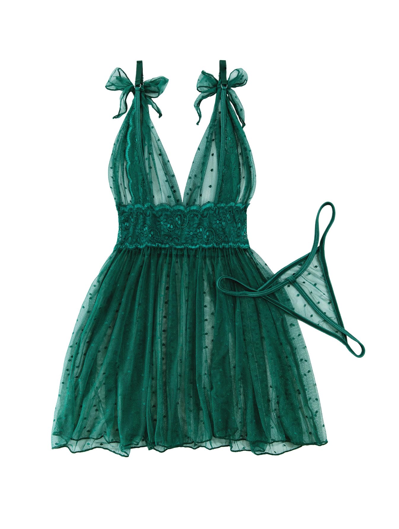 Lilosy Sexy Polka Dots Mesh Sheer Lace Babydoll Chemise Lingerie Set Floral Sleep Wear: 3X-Large Army Green