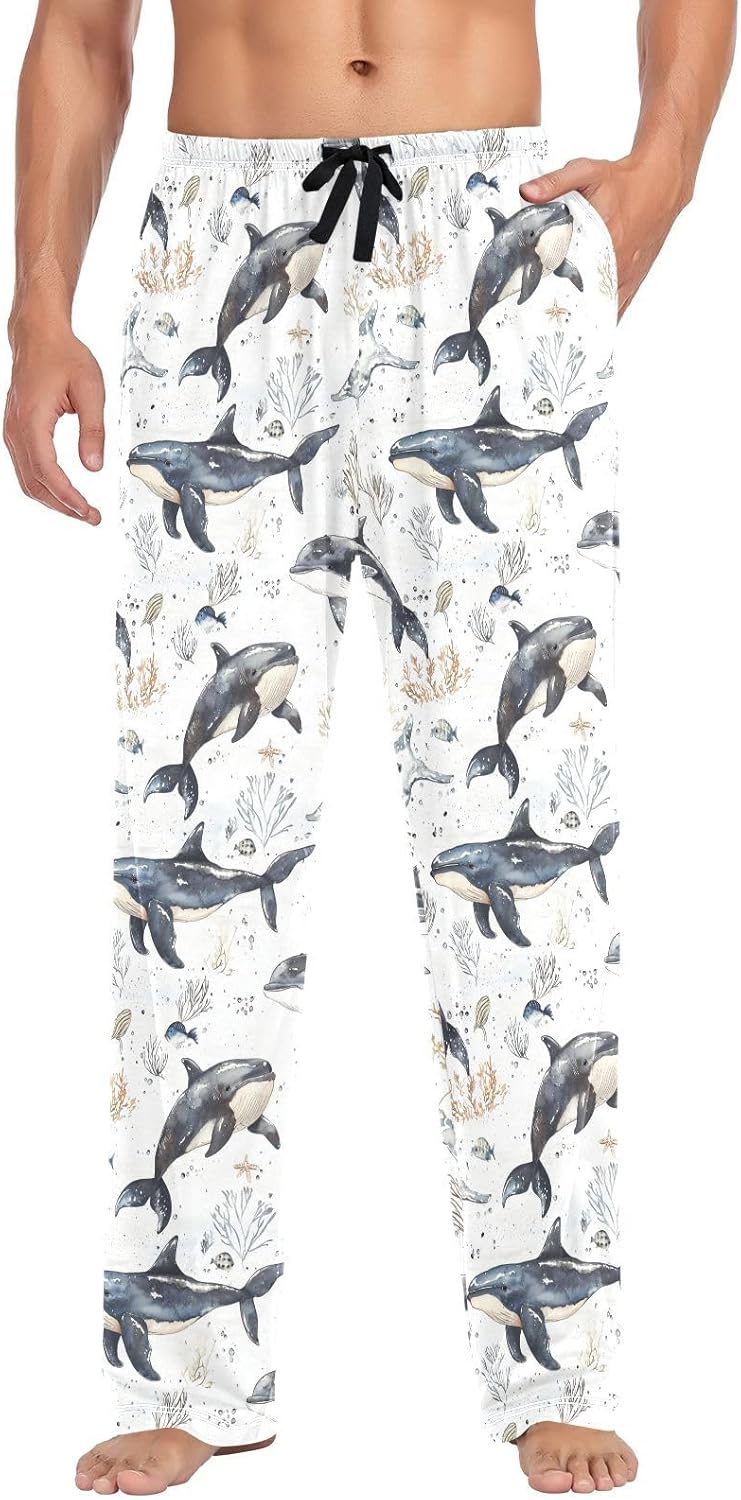 ZZKKO Mens Lounge Pajama Pants for Men Ocean Whales Corals Starfish Men's PJ Bottoms Lounge Sleepwear With Pockets Drawstring Long Pants 100% Cotton XL