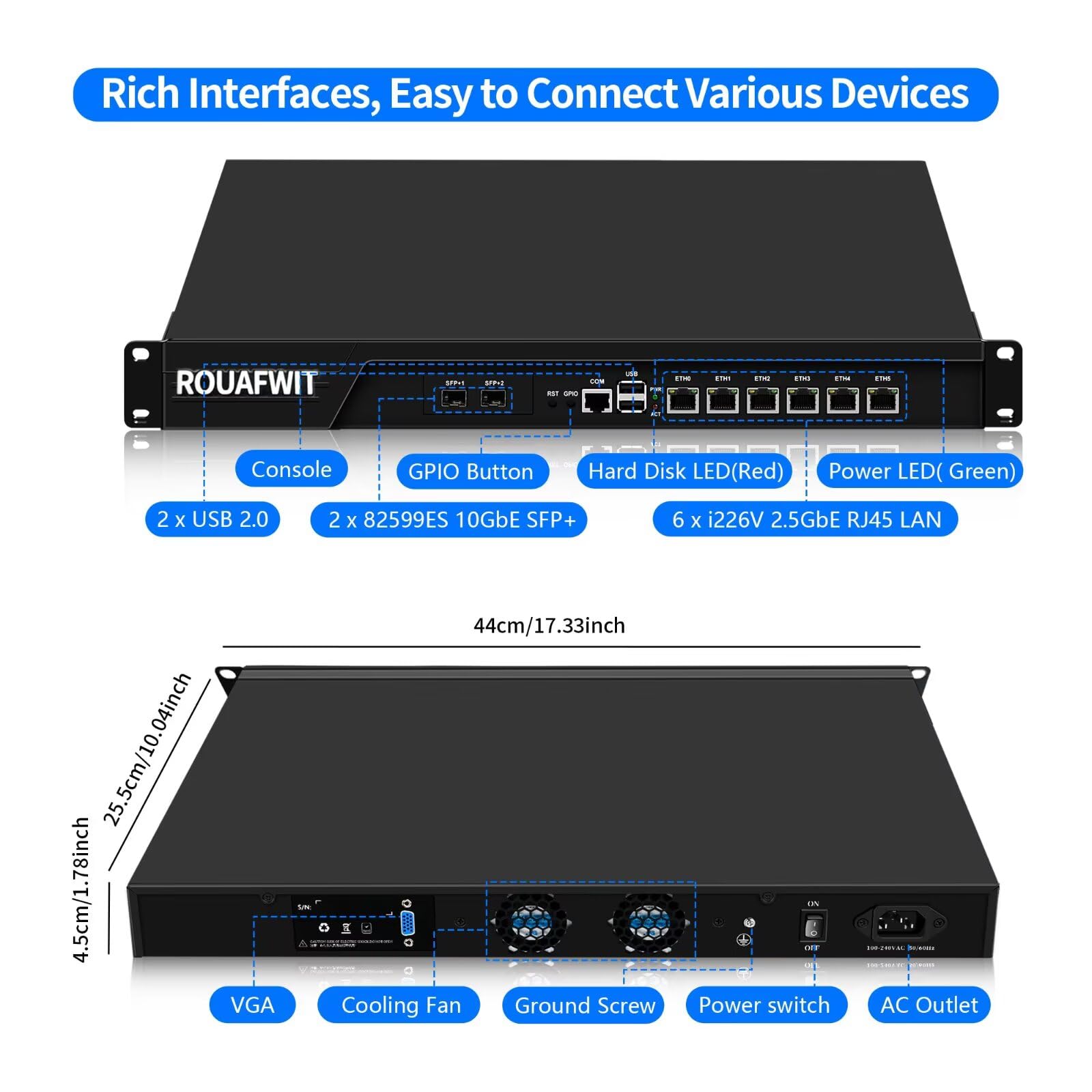 1U Firewall Rackmount 19 Inch, OPNsense, Network Appliance, i7-3520M, 2 x SFP+ 82599es 10Gbe/6 i226V Lan/2USB/COM/VGA/SIM, DDR3 8G RAM 128G SSD