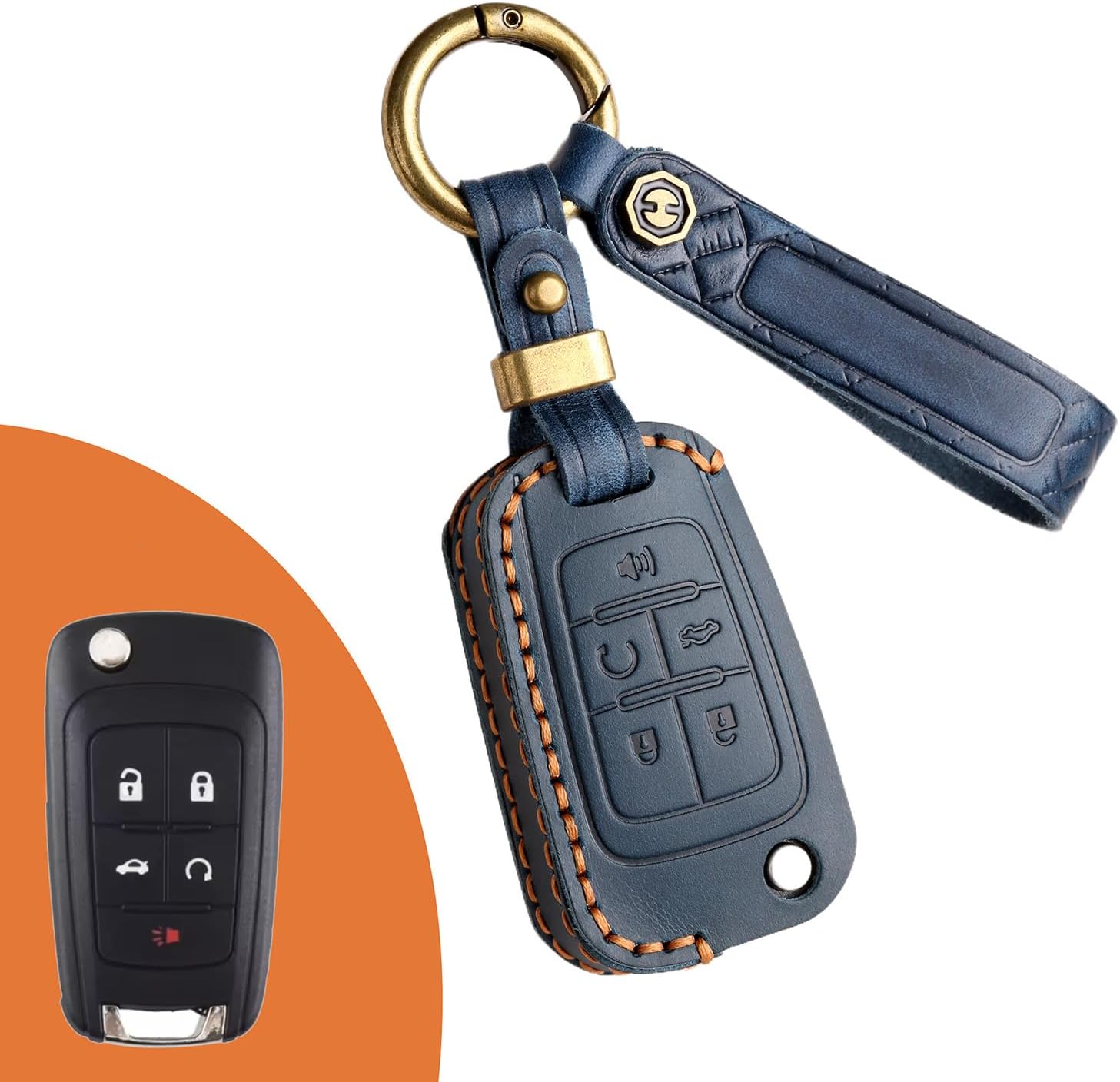 Vintage Leather Flip Key Fob Case for Chevy Cruze Camaro Equinox Impala Malibu, for Buick Regal Lacrosse Verano Encore Allure, for GMC Terrain Fold Key Holder (Blue)