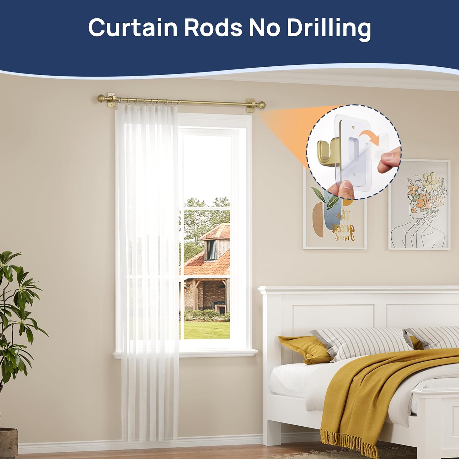 ENJOYBASICS No Drill Curtain Rods for Window 28 to 47 Inches, 5/8 Inch Diameter Renter Friendly Drapery Rod with Adhesive Brackets without Drilling, Adjustable from 27 to 52 Inches, Gold