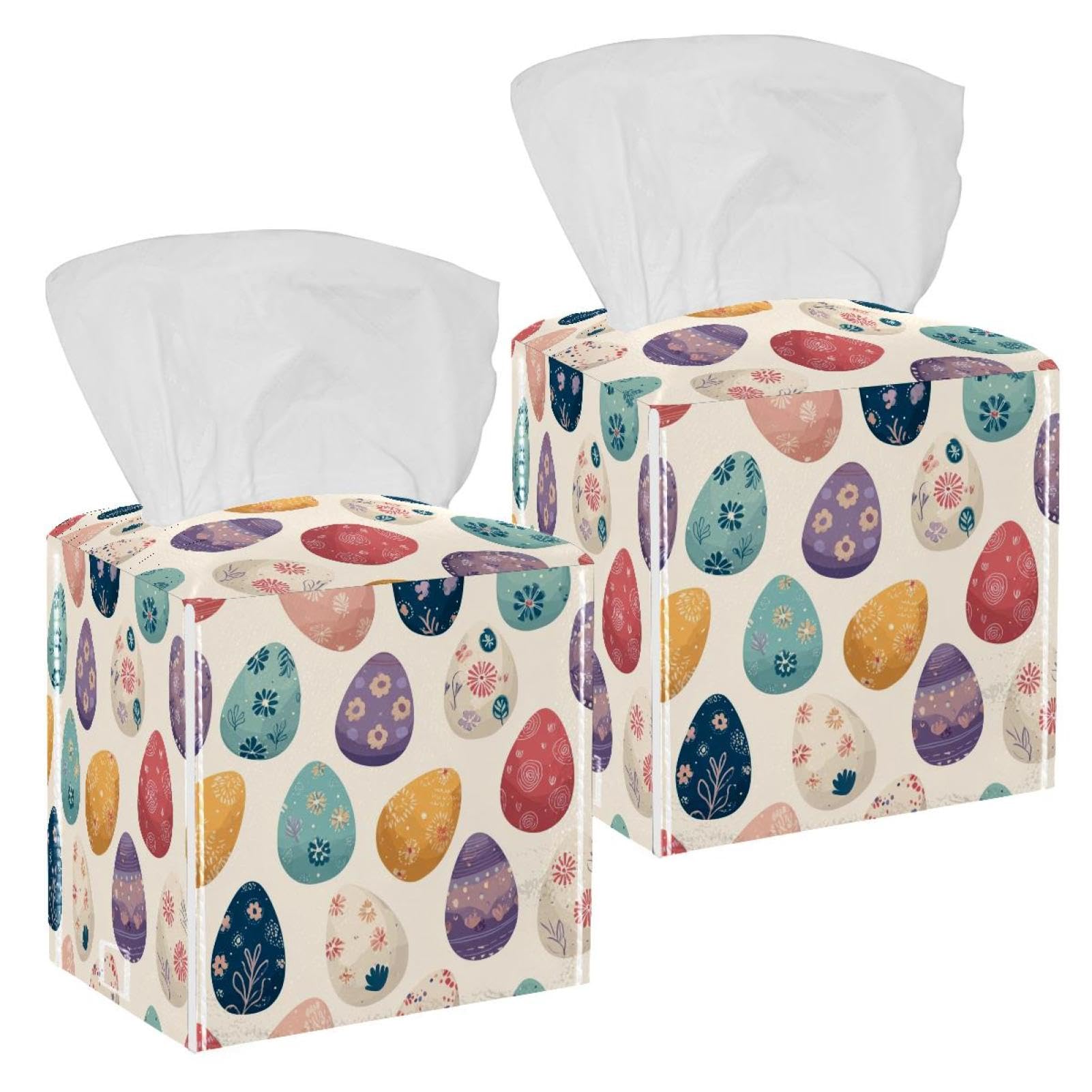 Easter Eggs Tissue Box Cover, 2 Pack PU Leather Square Facial Tissue Dispenser Box holder for Home Office Car