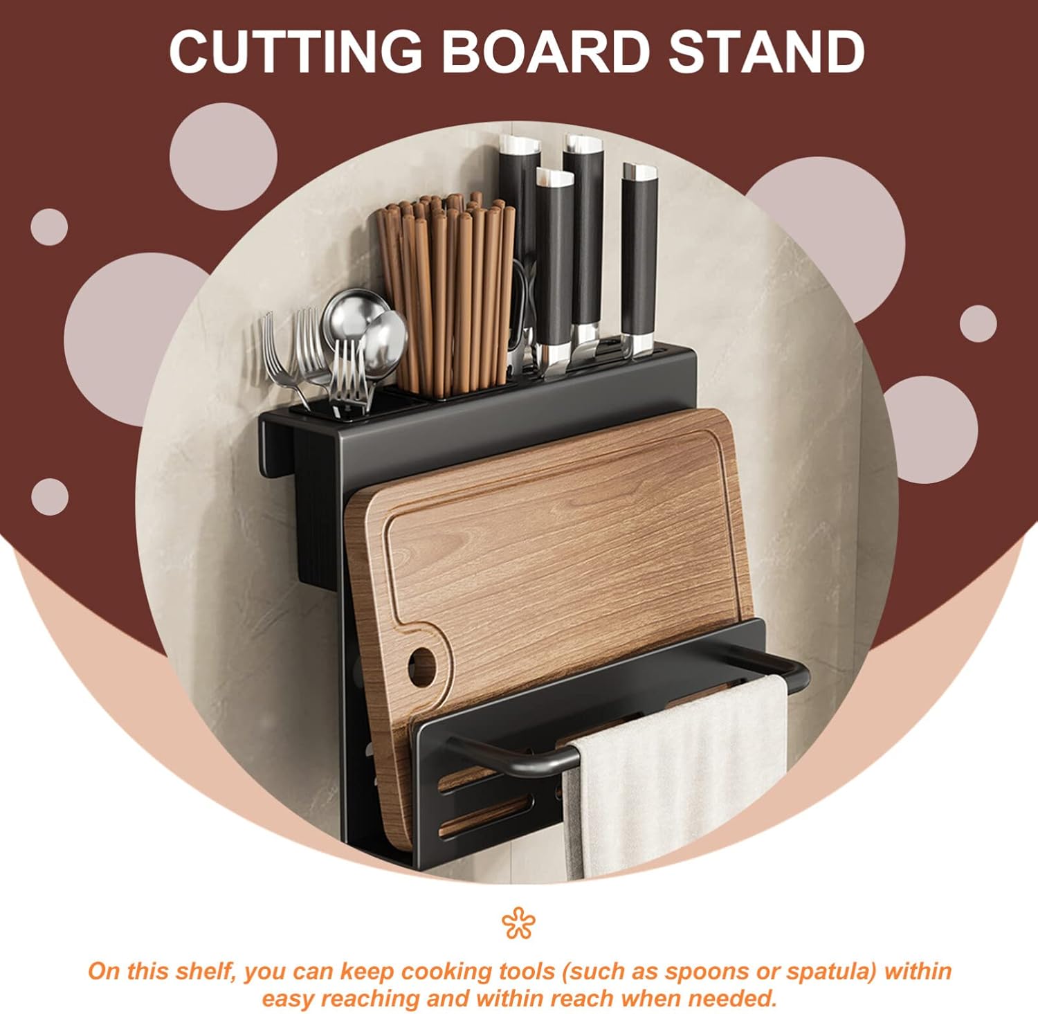 UPKOCH Multi-Function Wall Mount Chopstick and Utensil Holder for Kitchen Organization Sturdy Cutlery Storage Dual Cups and Cutting Board Rack Space-Saving Design for Neat Cooking Space