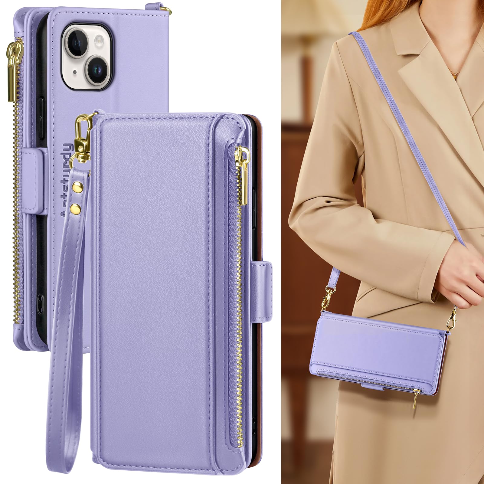 Antsturdy Compatible with iPhone 15 Plus Wallet Case for Women【RFID Blocking】 Crossbody Phone Case PU Leather Zipper with Wrist Strap Flip Cover