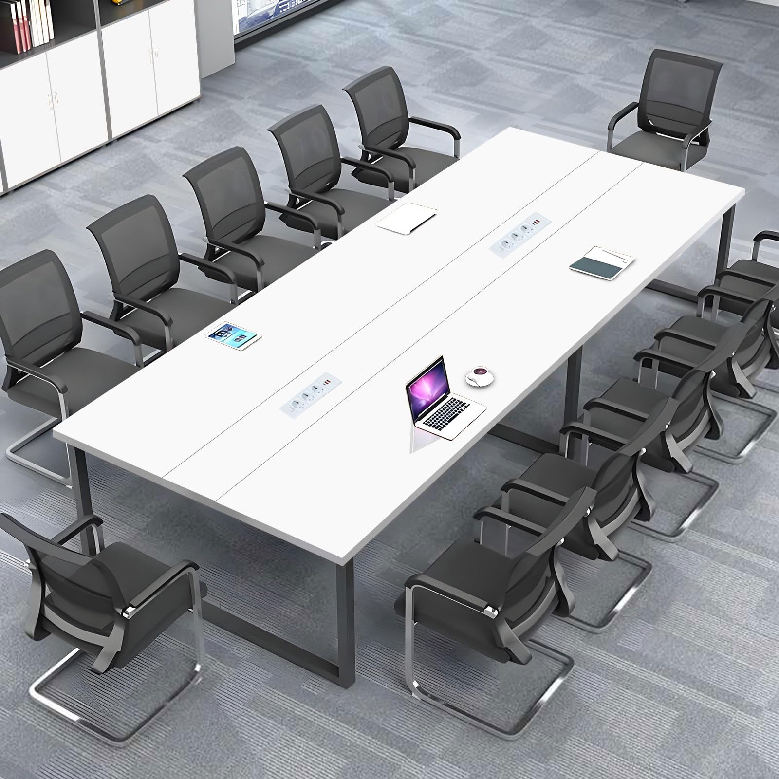 Tavolo da Riunioni per Ufficio Moderno con Passacavi Integrato, Grande Tavolo Conferenza per Sala Meeting, Struttura Stabile per Più Persone