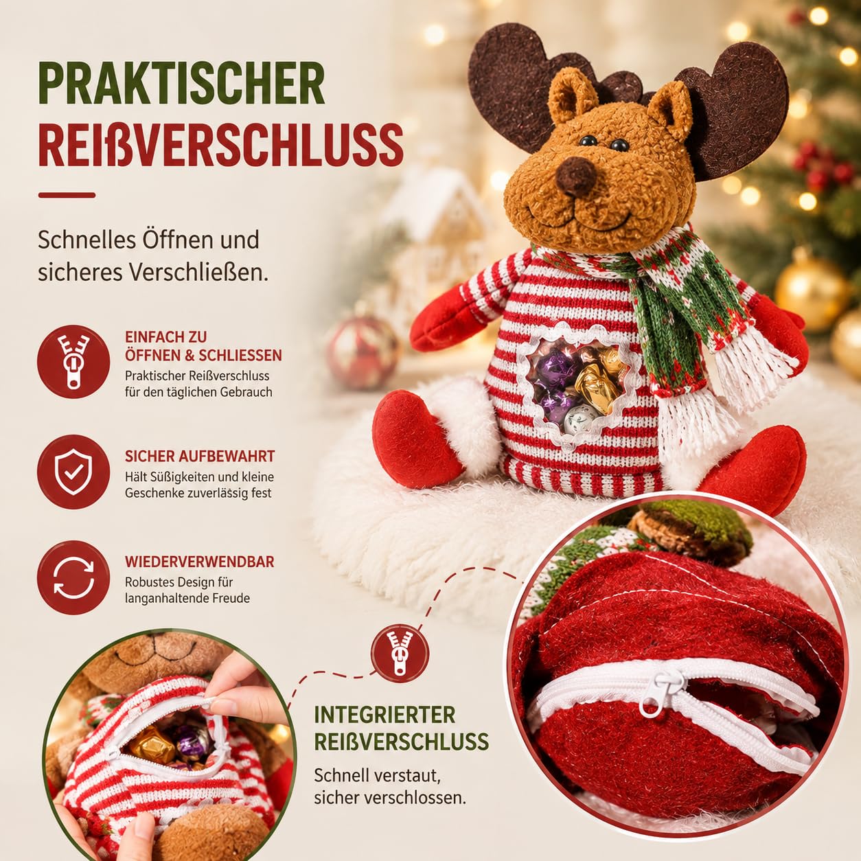 Christmas Gift Bags Zipper Design, Pack of 3/6 Gift Bags Christmas Small, 3D Santa Claus Elk Cuddly Toy, Small Storage Bags für Party- und Festivaldekoration (6 Stück-A)