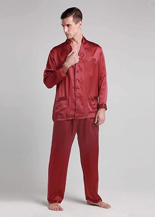 LilySilk Silk Pajamas for Men Long Sleeve Lounge Soft Comfortable Contrast Trim 100% Silk