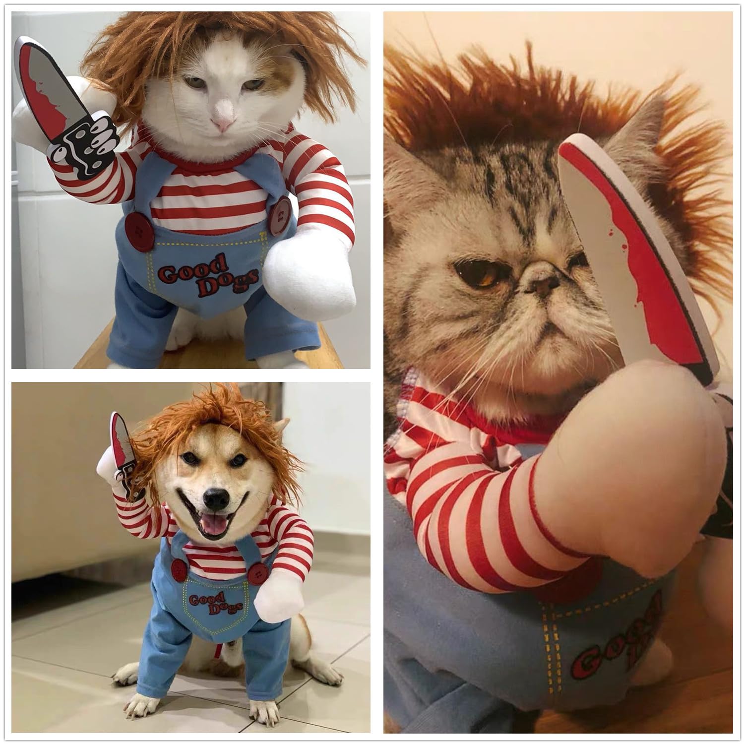 Hunde-Halloween-Kostüm Chucky – Gruselig-lustig, Mit Perücke & Messer, Für Kleine Bis Große Hunde, Verstellbar, Größe S