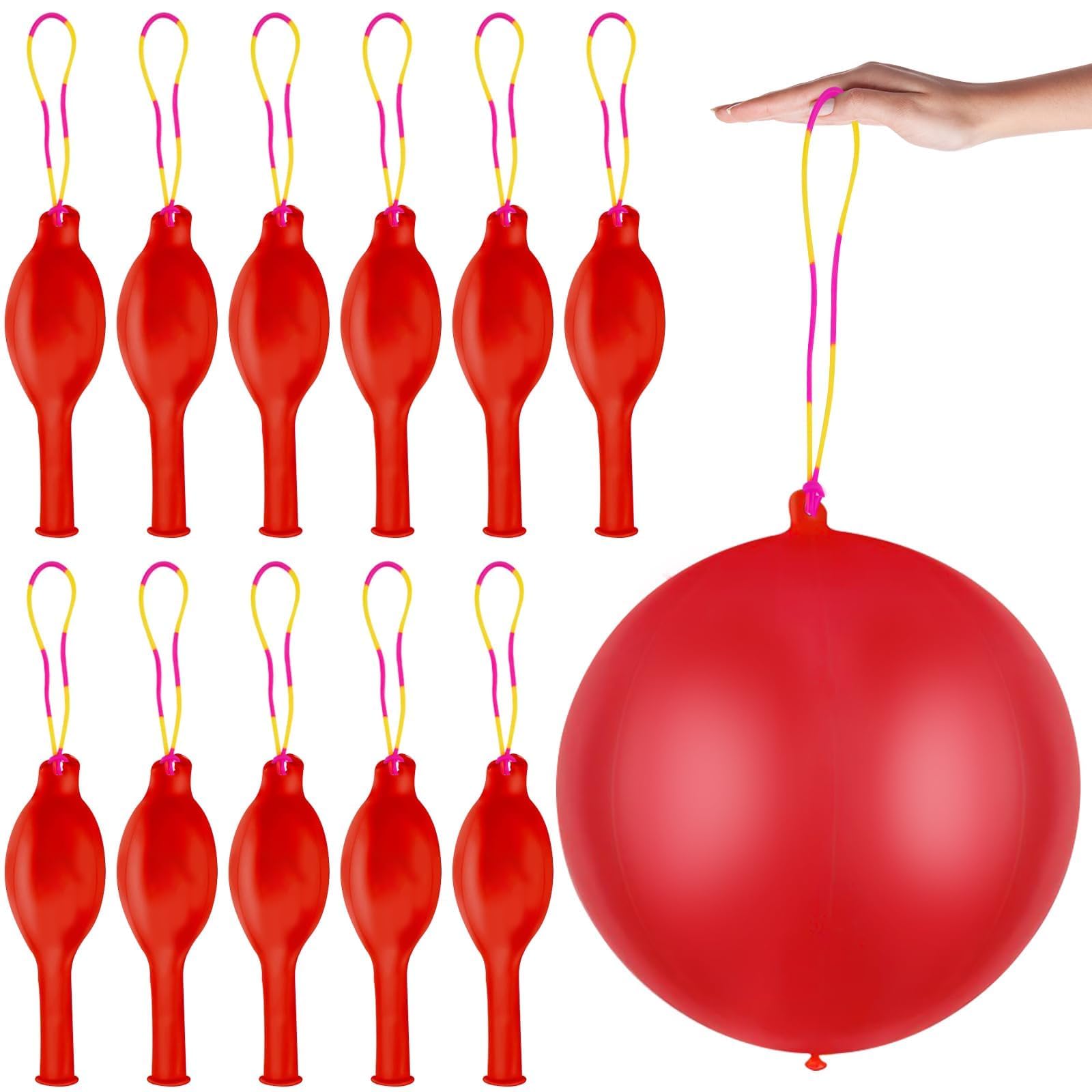 12 Pcs Red Punch Balloons | with Rubber Band Handle for Easy Grip - Ideal for Kids’ Birthday Party Favors, Classroom & Outdoor Play(Red)
