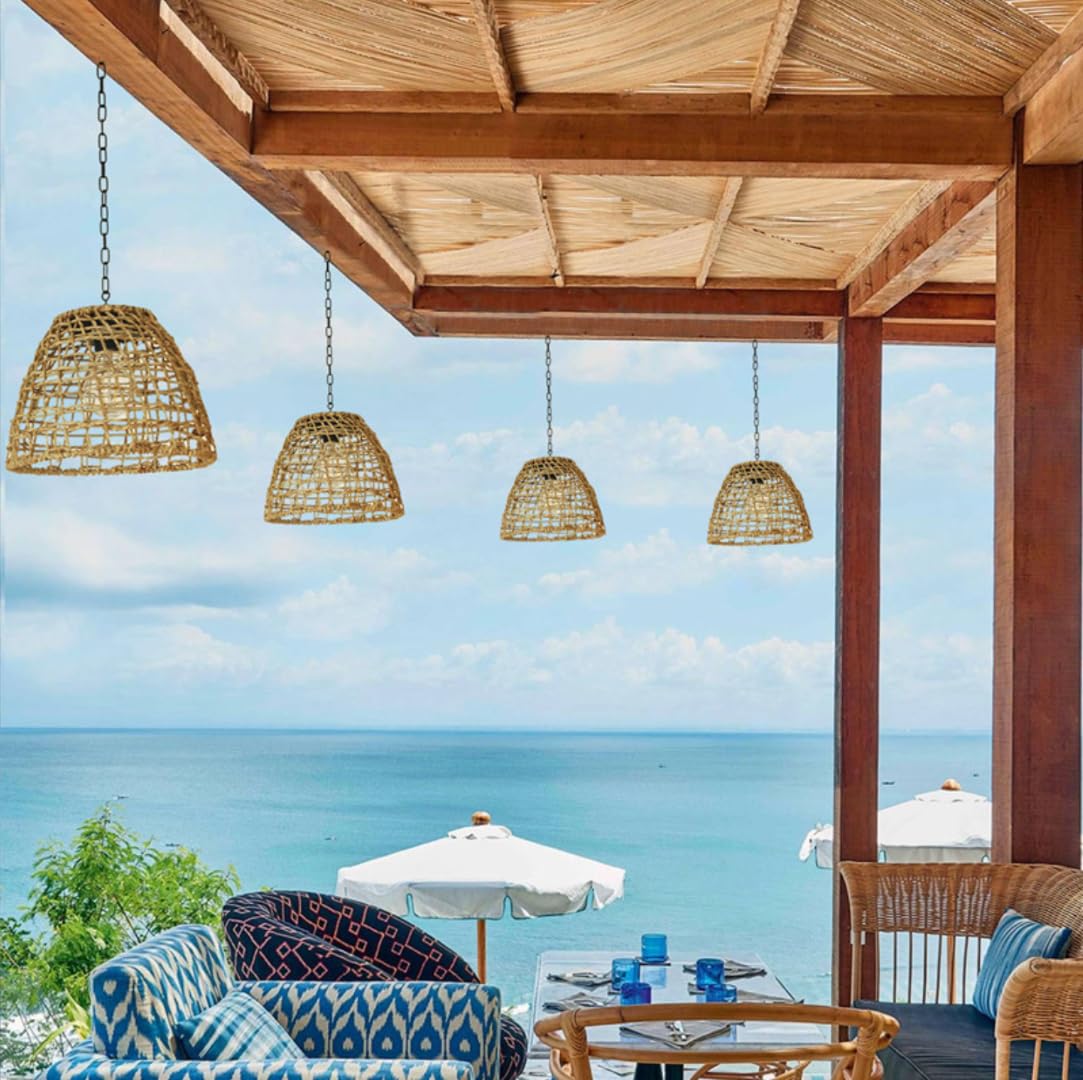 Lámpara Colgante Solar de Tejido de Pastos Marinos - Luz de Jardín y Techo al Aire Libre para Patio y Exterior