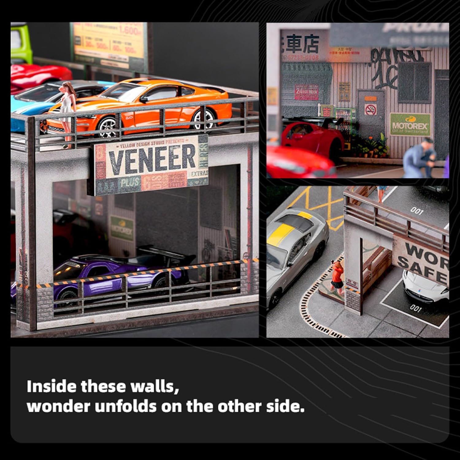 1/64 Scale Double-Deck Diorama Scene with LED Lights, USB Powered Diecast Car Display Stand & Parking Lot, Compatible with Hotwheels, Matchbox and MiniGT Model Cars