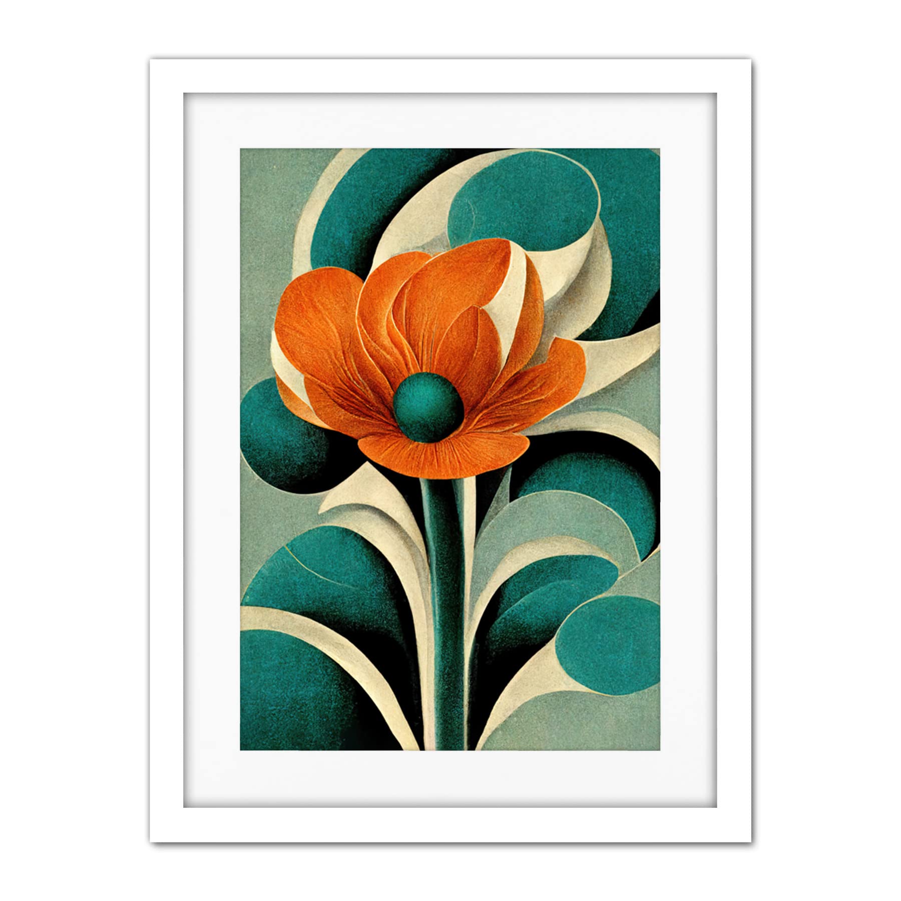 Doppelganger33 LTD Art Deco Poppy Flower Teal Orange Cream Artwork Framed Wall Art Print 18X24 Inch