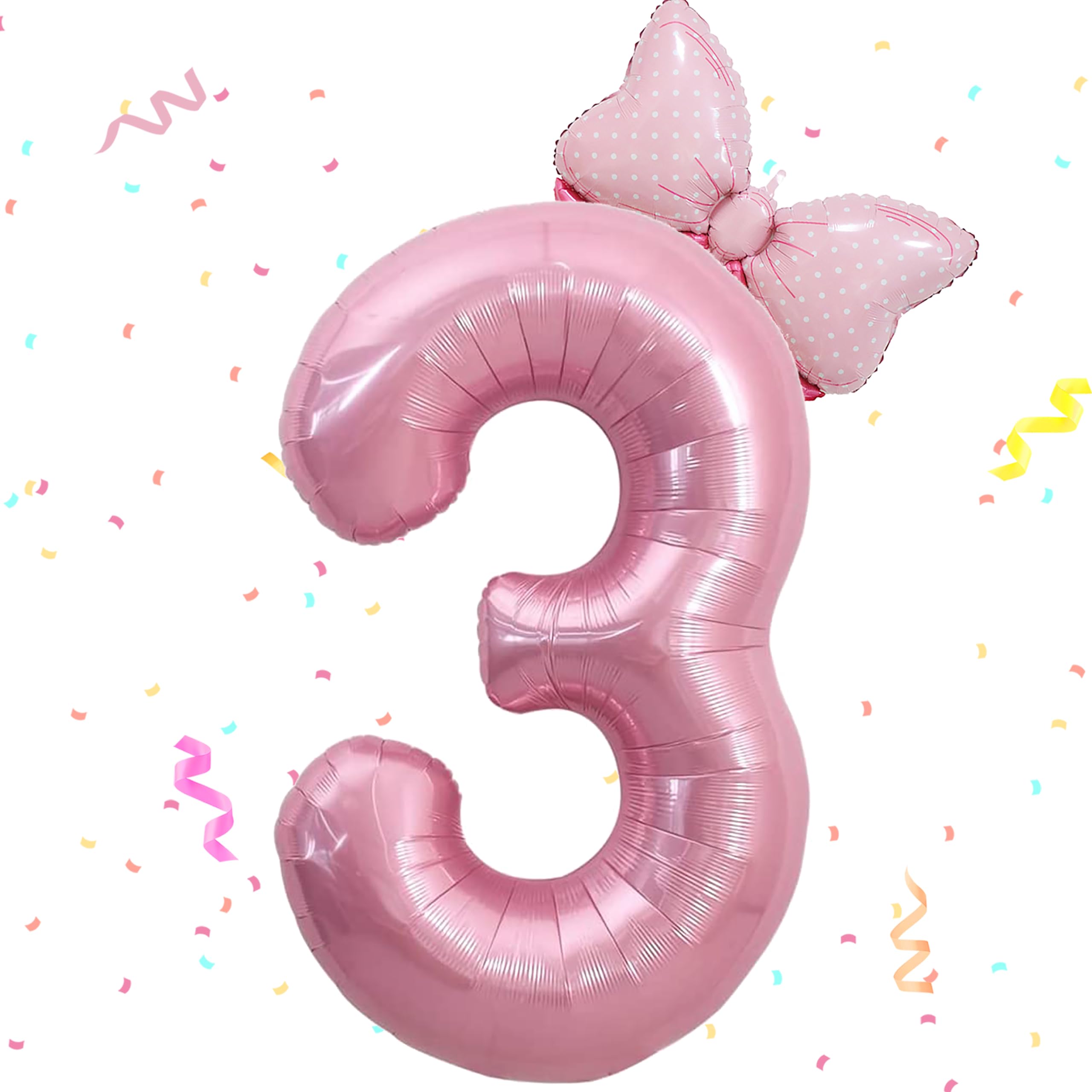 40 Inch Pink Number 3 Balloon & Mini Bow for Girl Birthday Party Decorations, 3rd Birthday Pink Theme Party Balloons Supplies